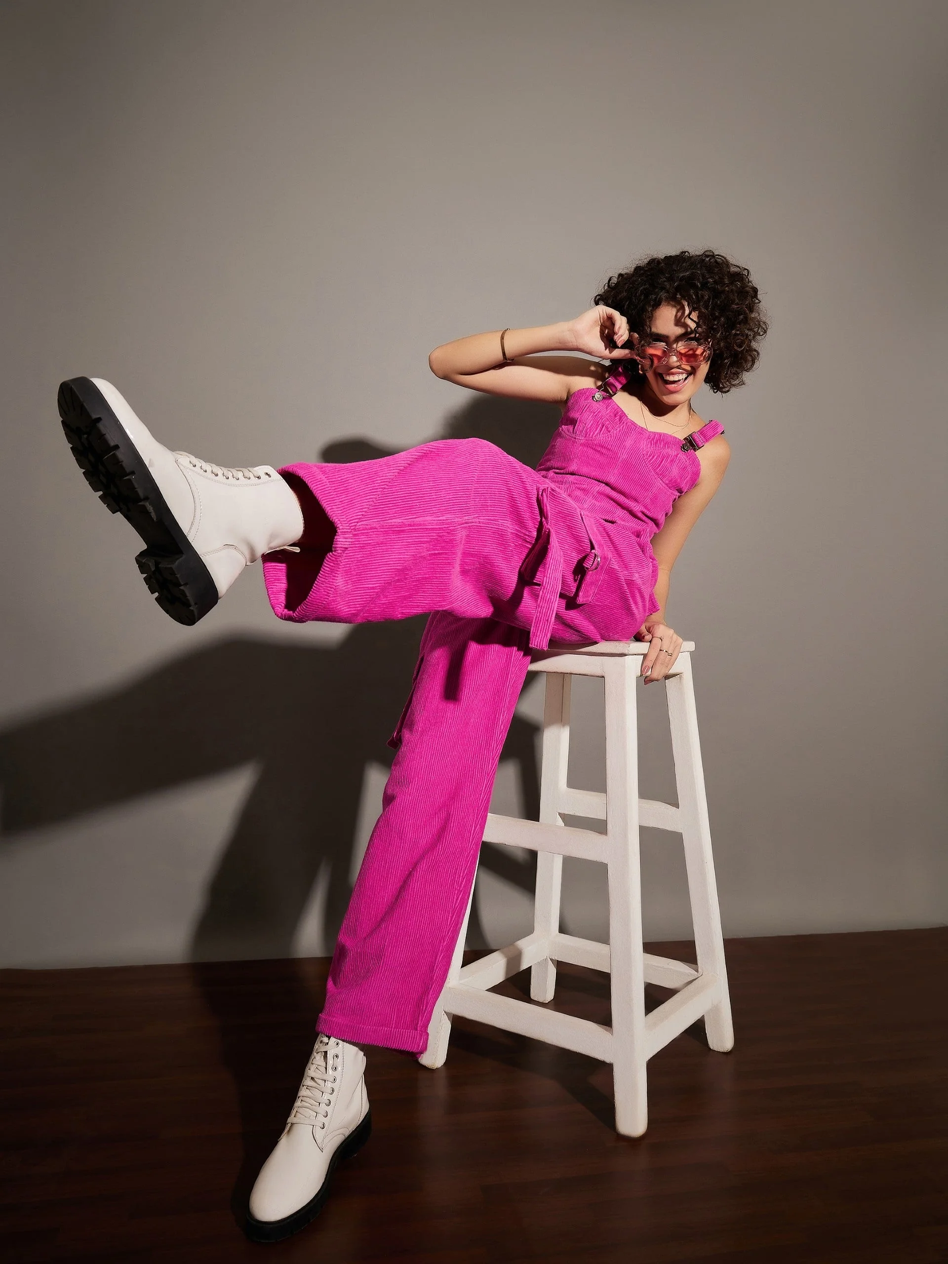 Women Pink Corduroy Multi Pocket Cargo Pants - Image 6
