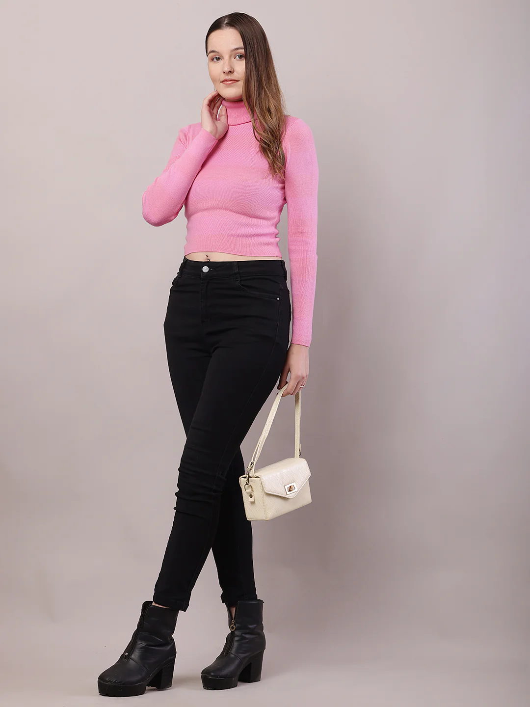 Women Pink Cotton Full Sleeve High-Neck Sweater - Image 3