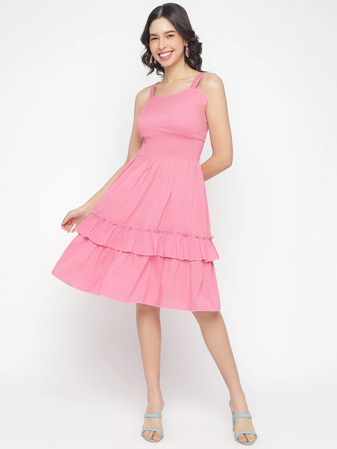 Women Pink Crepe Sundress Mini Dress - Image 5