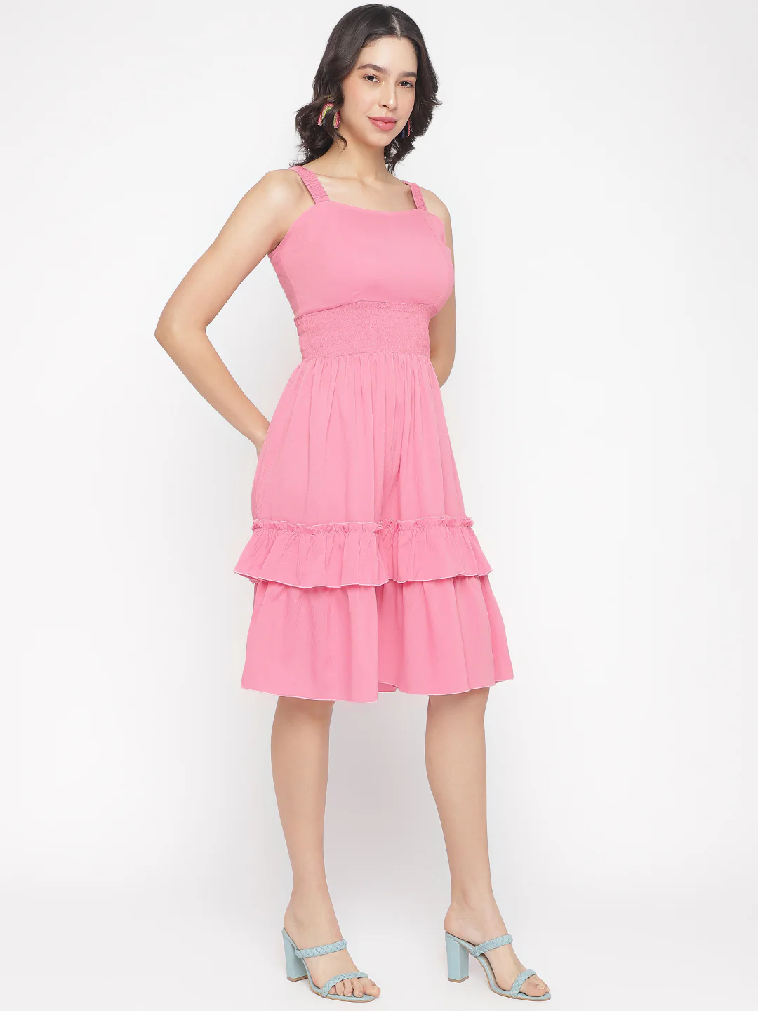 Women Pink Crepe Sundress Mini Dress - Image 6
