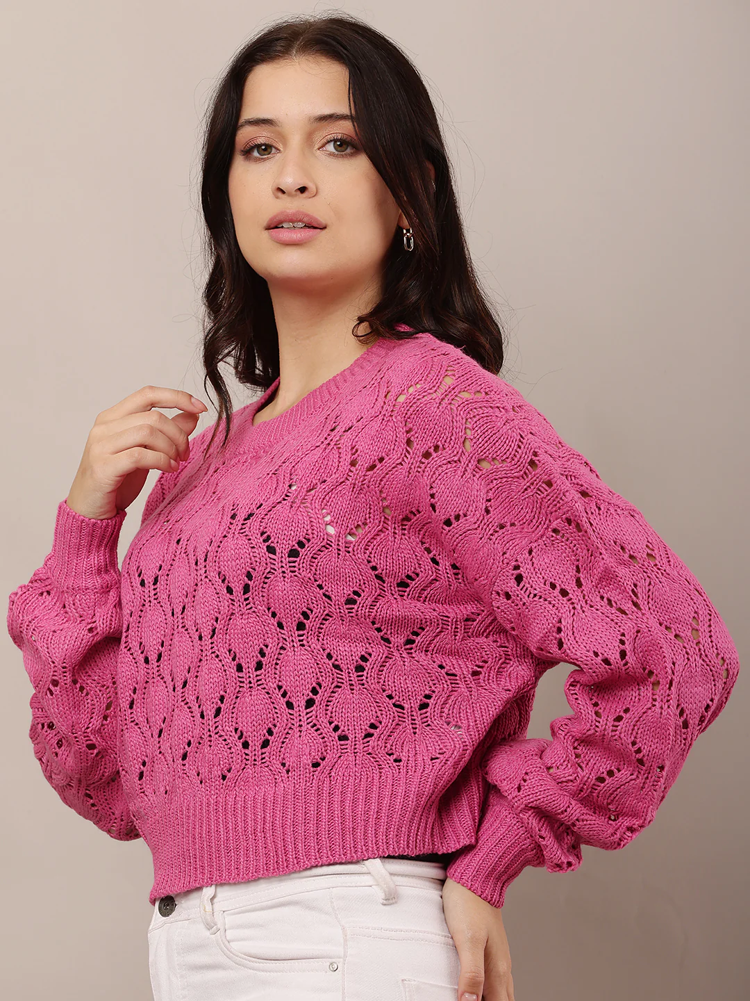 Women Pink Crew Neck Drop Shoulder Crochet Sweater - Image 2