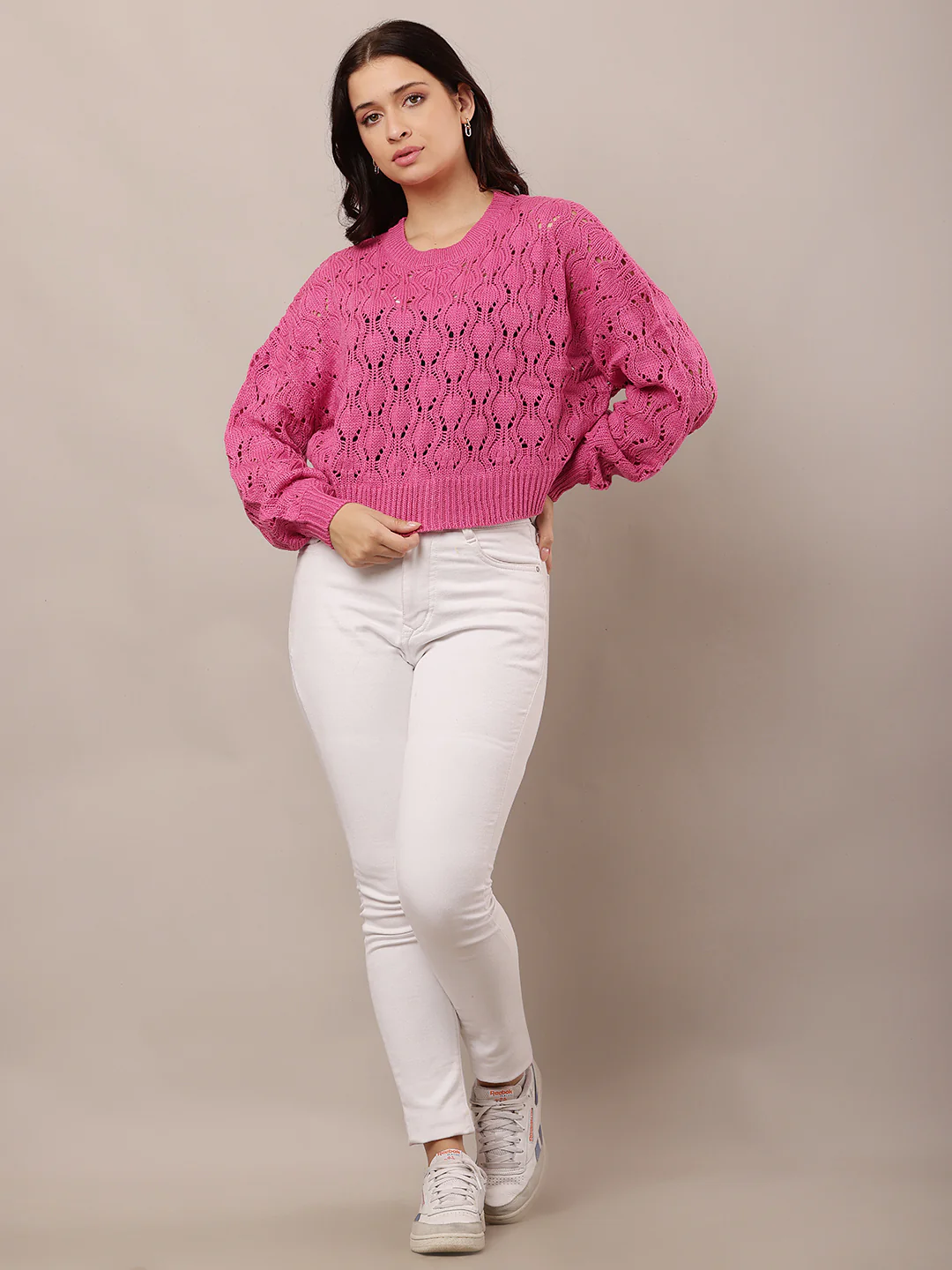 Women Pink Crew Neck Drop Shoulder Crochet Sweater - Image 3
