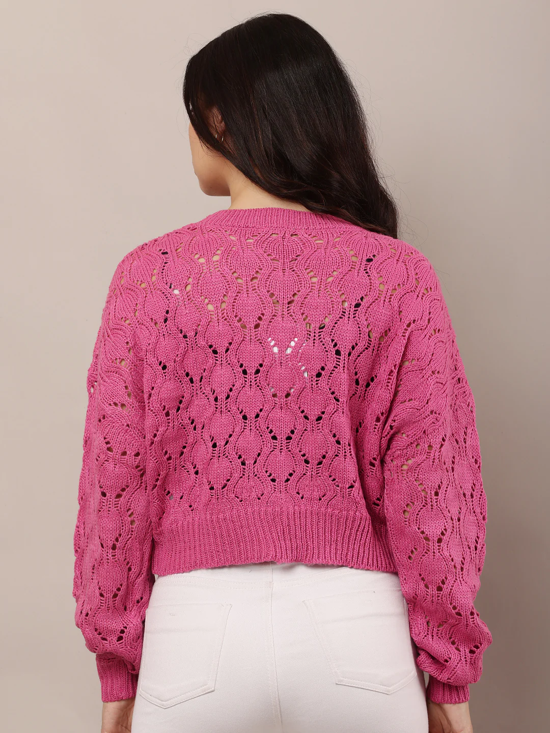Women Pink Crew Neck Drop Shoulder Crochet Sweater - Image 4