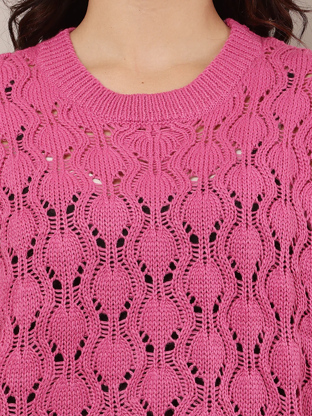 Women Pink Crew Neck Drop Shoulder Crochet Sweater - Image 5