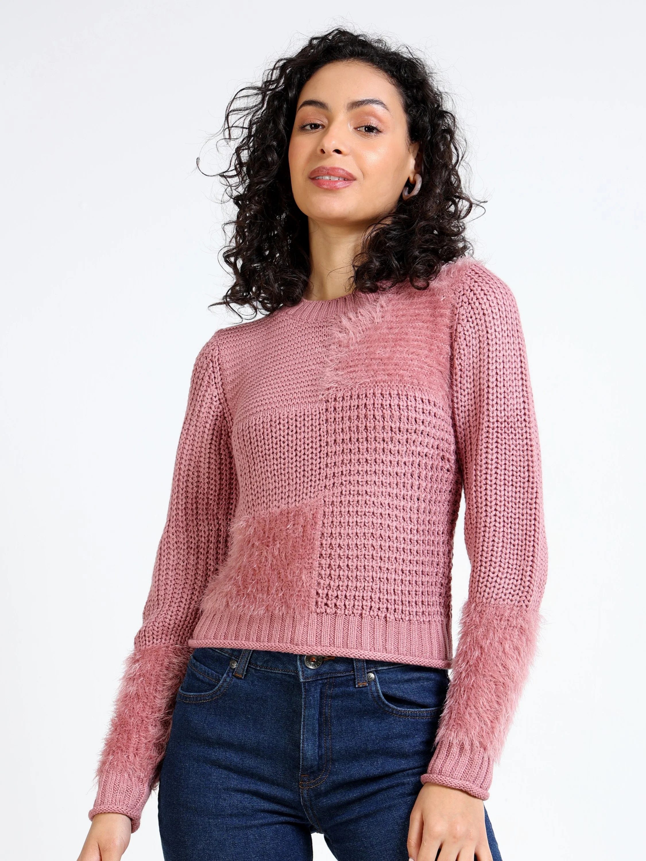 Women Pink Crew Neck Sweater - Image 2