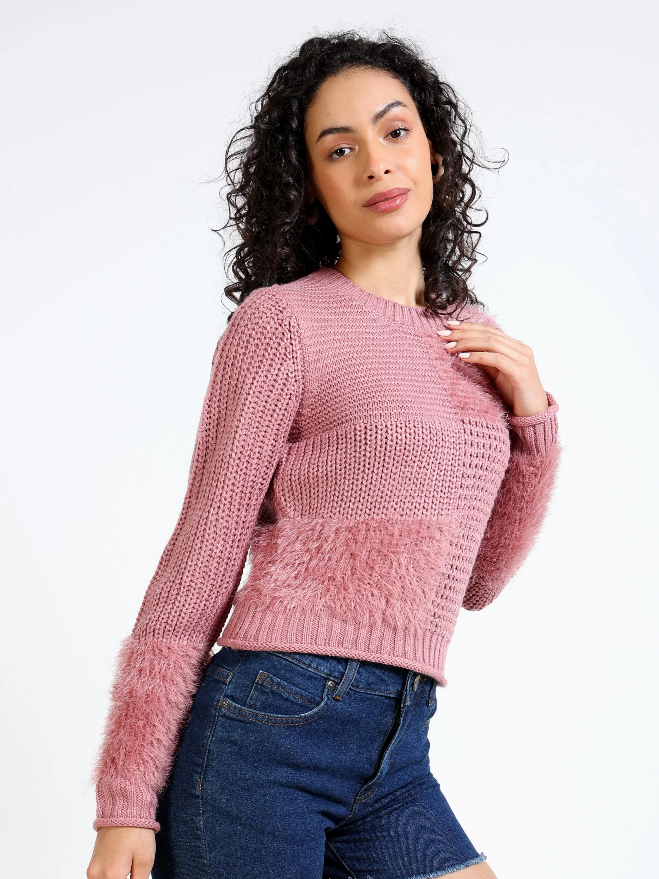 Women Pink Crew Neck Sweater - Image 5