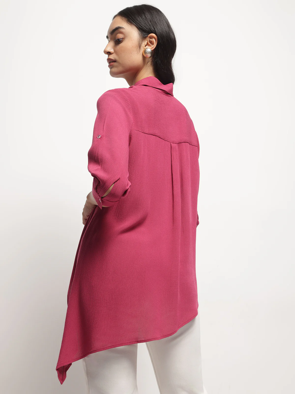 Women Pink Crinkle Asymmetrical Shirt - Image 2