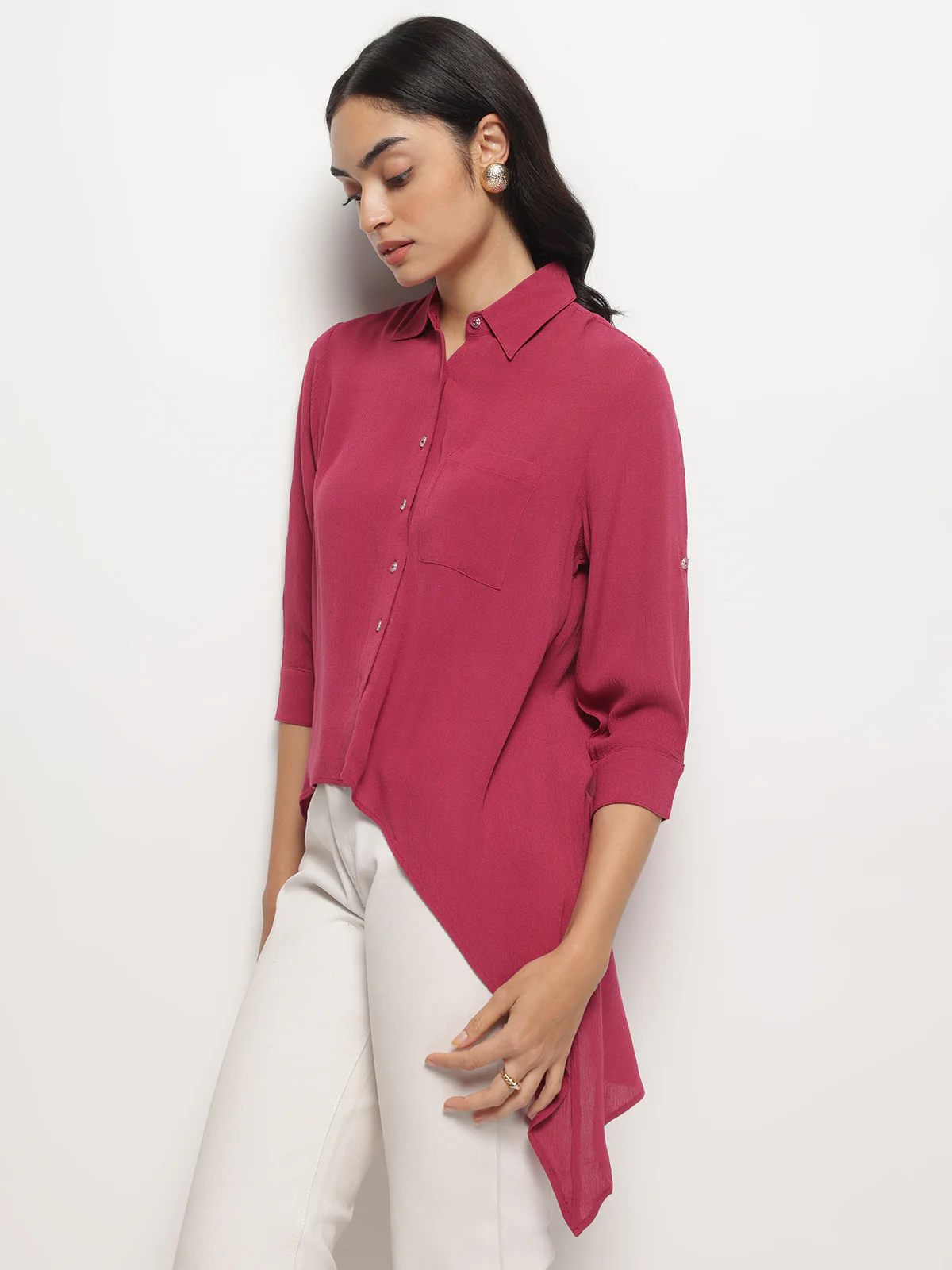 Women Pink Crinkle Asymmetrical Shirt - Image 3