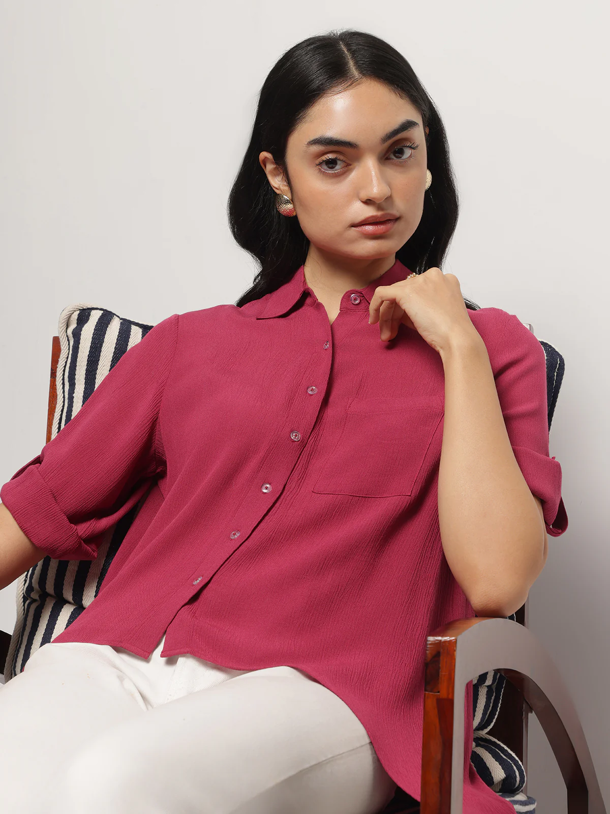Women Pink Crinkle Asymmetrical Shirt - Image 5