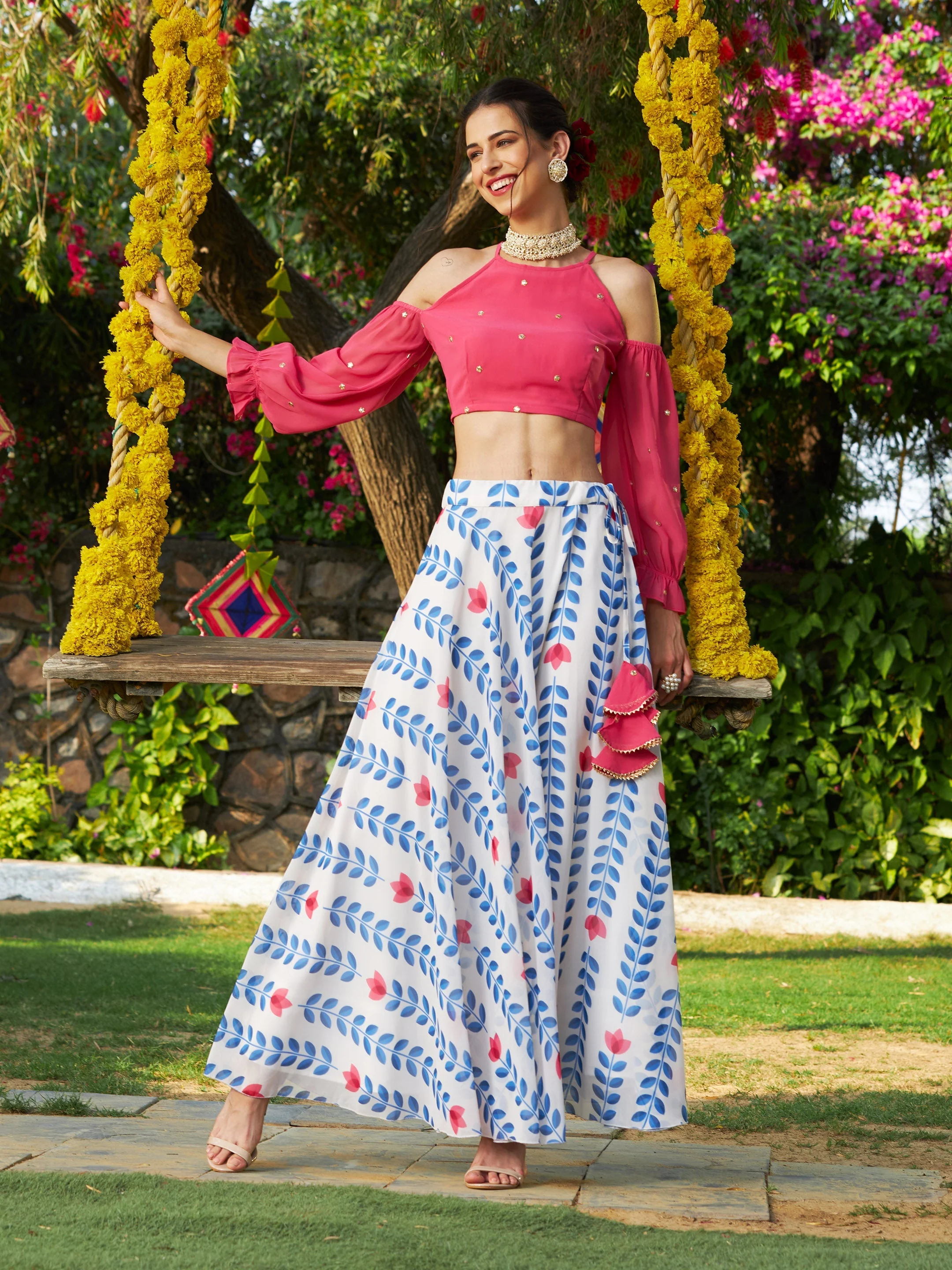 Women Pink Embroidered Cold Shoulder Crop Top - Image 4