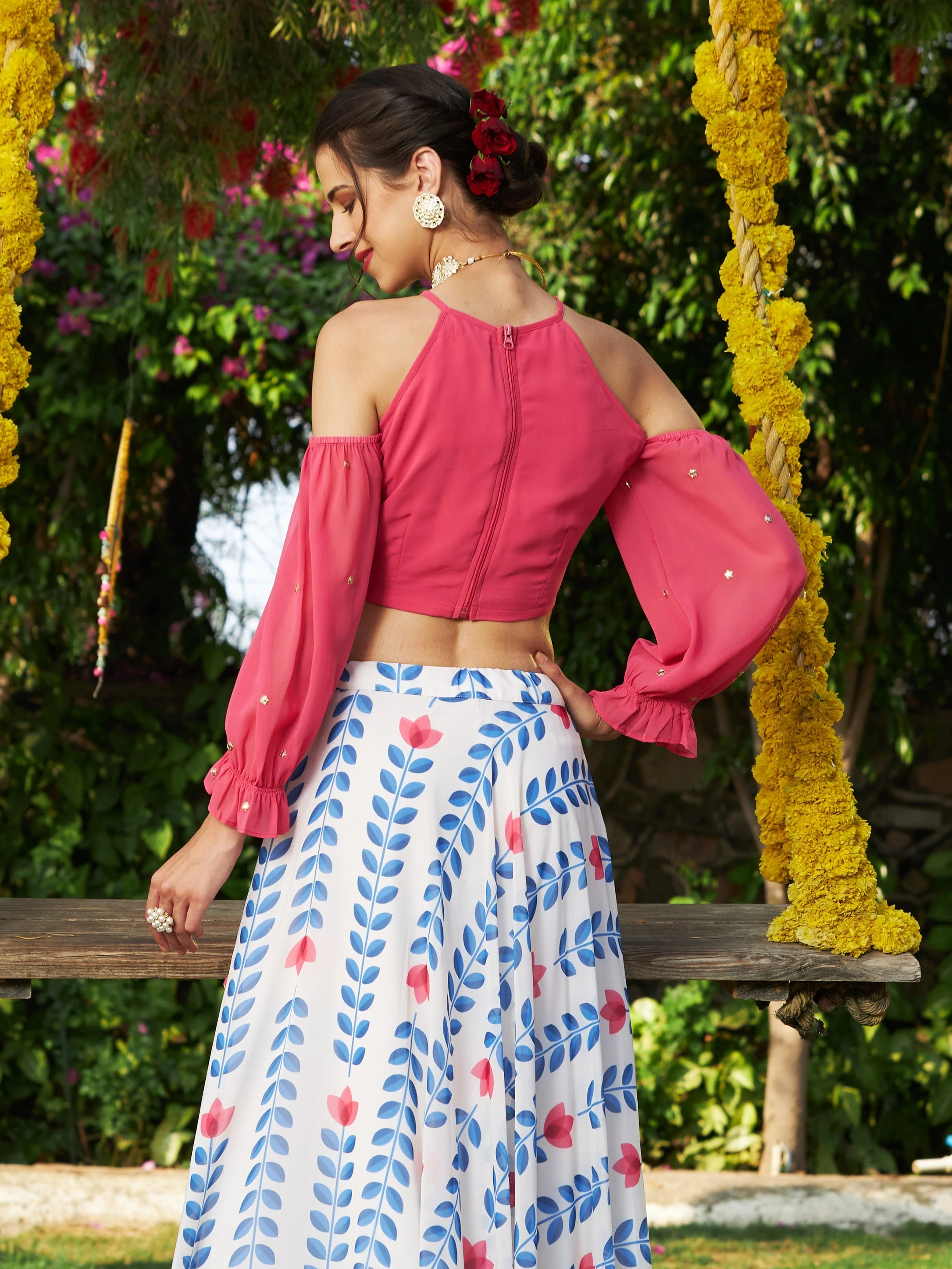 Women Pink Embroidered Cold Shoulder Crop Top - Image 5
