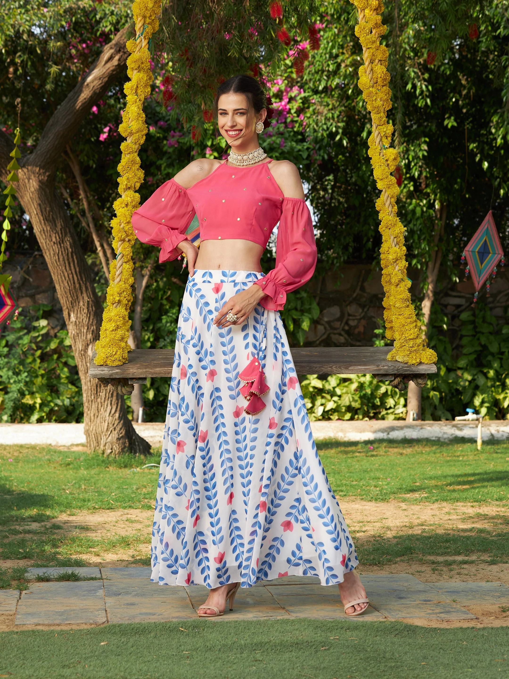 Women Pink Embroidered Cold Shoulder Crop Top - Image 6