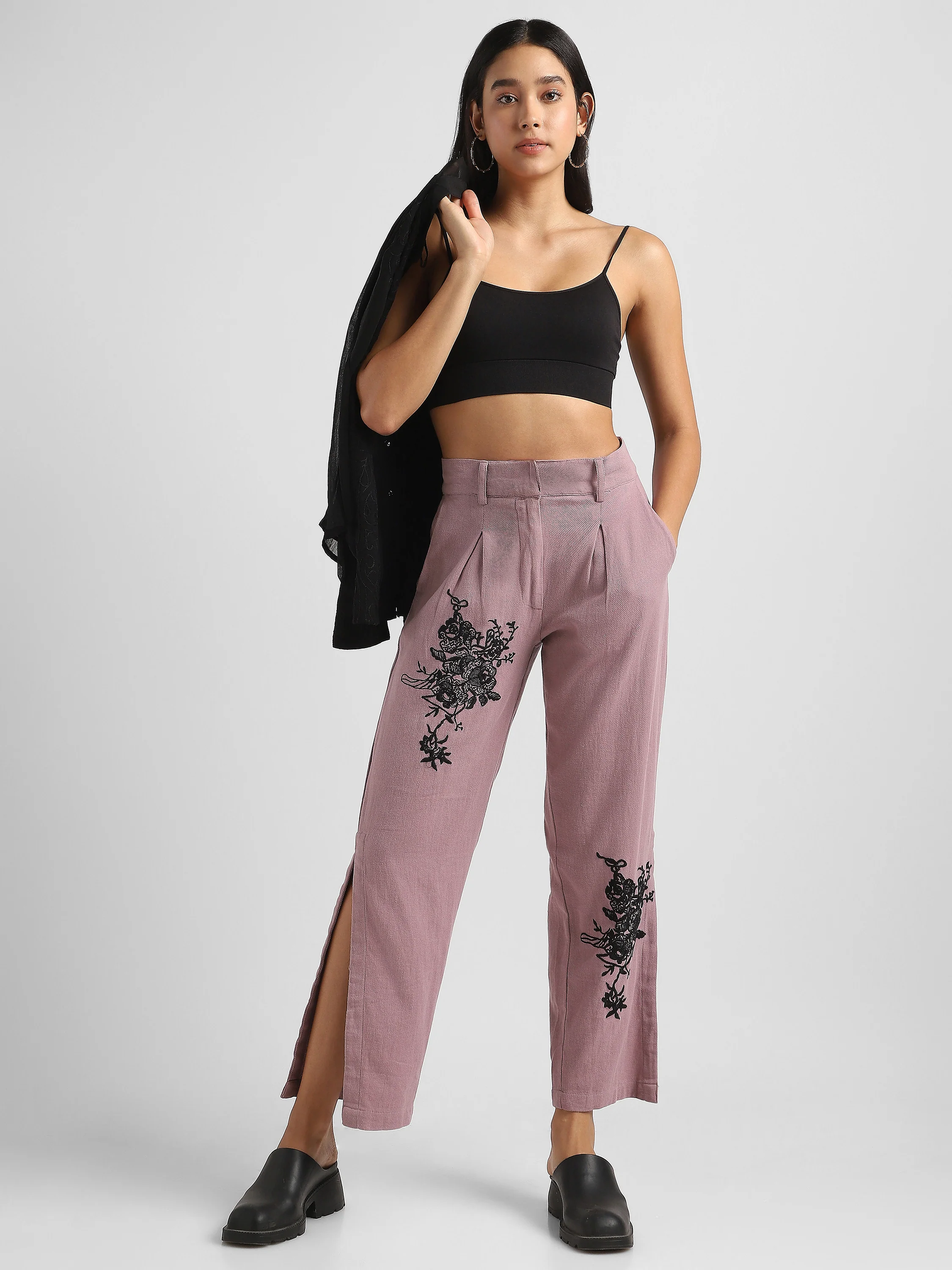 Women Pink Embroidered Pants with Slit - Image 2