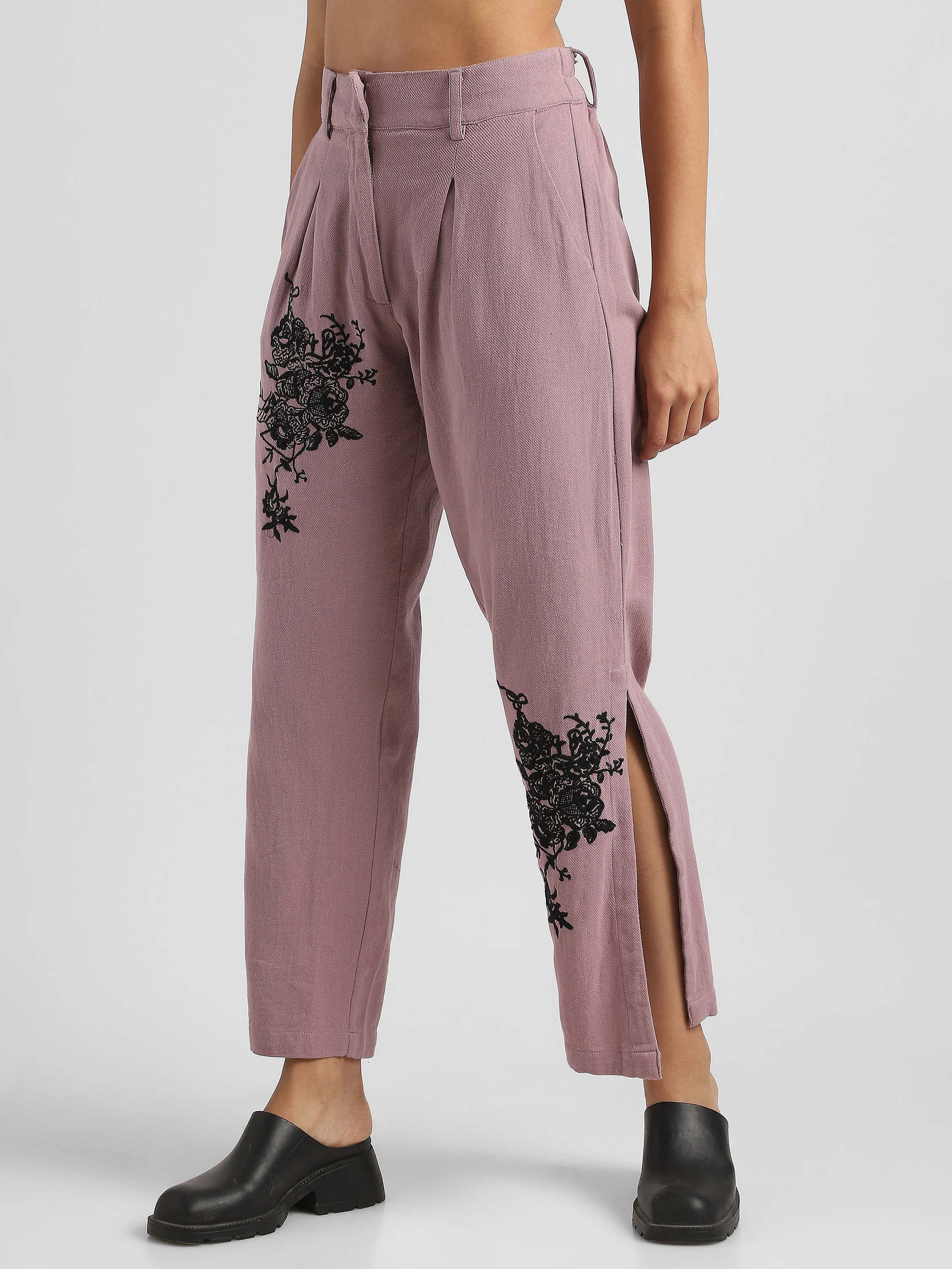Women Pink Embroidered Pants with Slit - Image 3