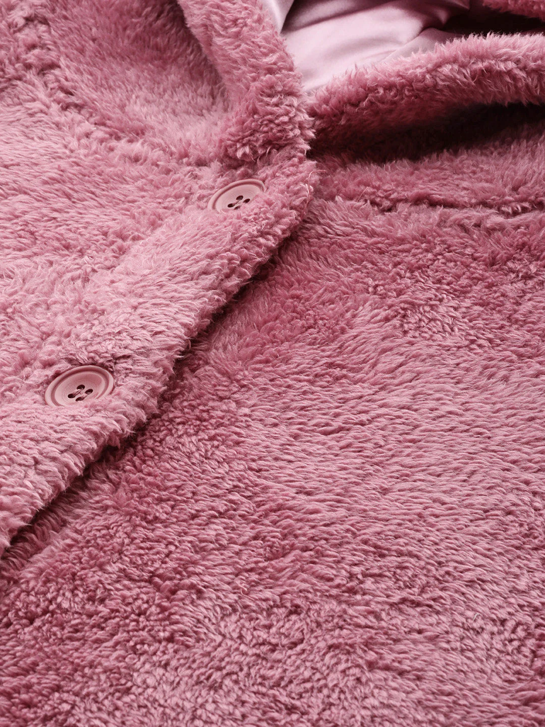Women Pink Faux Fur Front Button Hooded Jacket - Image 2