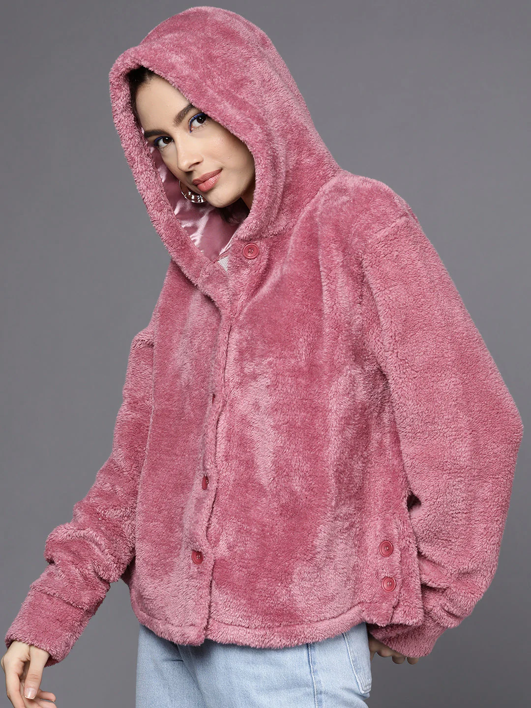 Women Pink Faux Fur Front Button Hooded Jacket - Image 3
