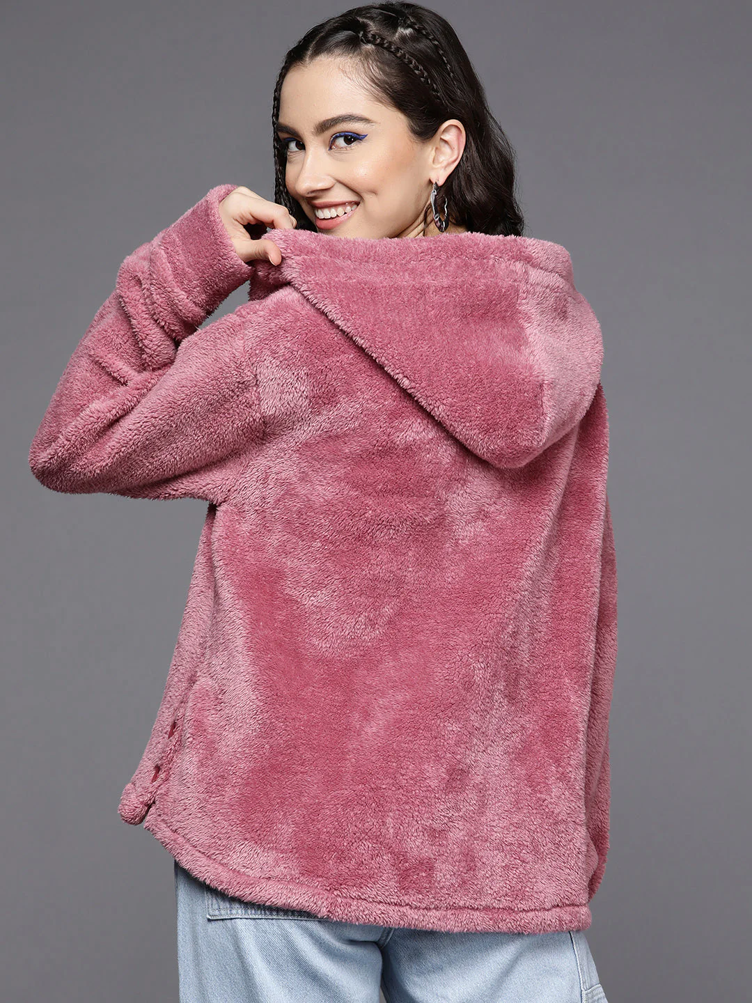 Women Pink Faux Fur Front Button Hooded Jacket - Image 4