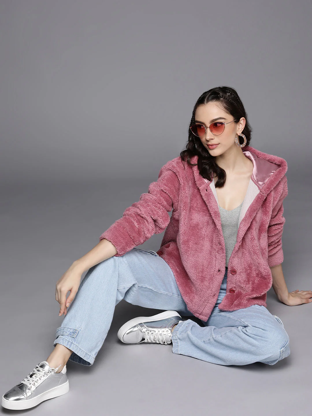 Women Pink Faux Fur Front Button Hooded Jacket - Image 5