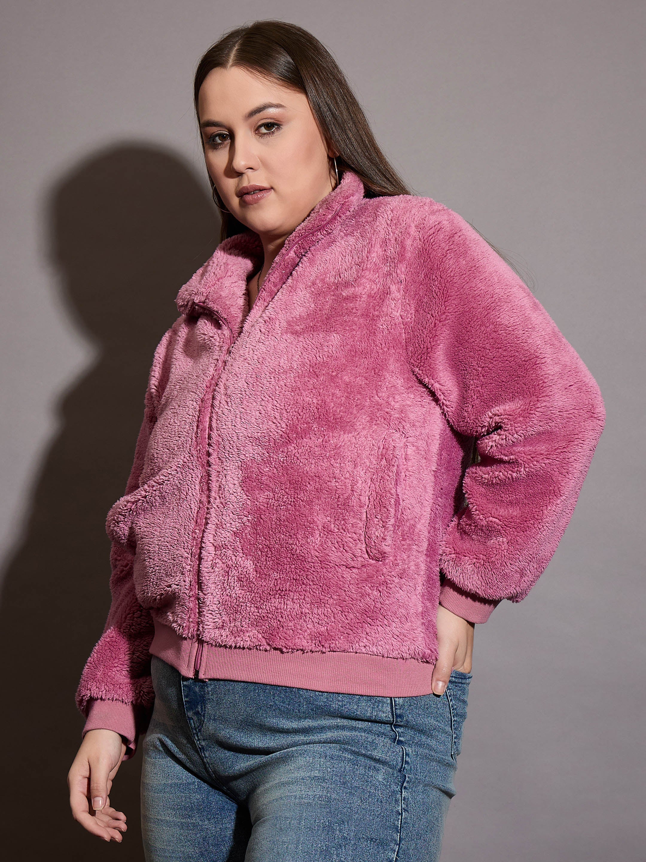 Women Pink Faux Fur Front Zipper Jacket - Image 3
