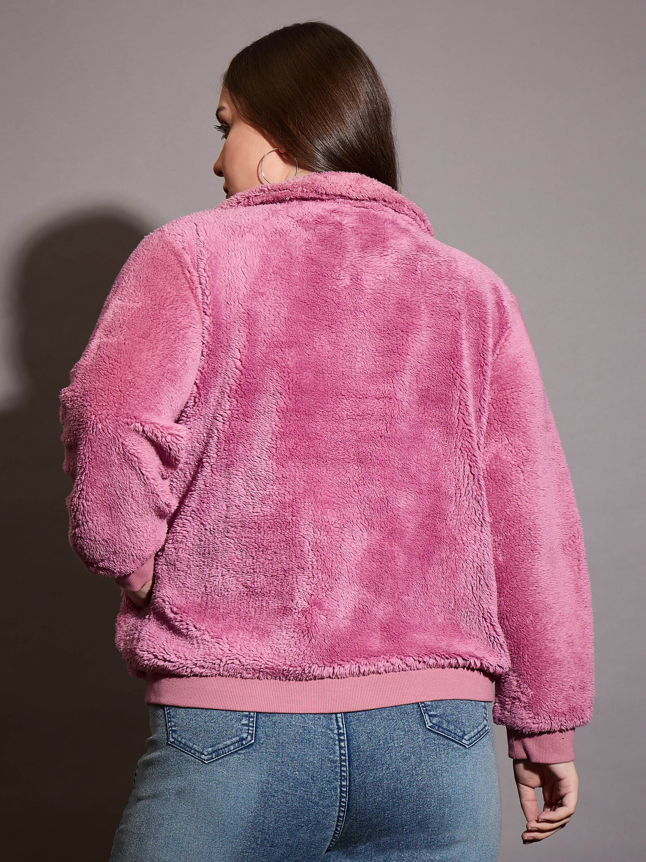 Women Pink Faux Fur Front Zipper Jacket - Image 5