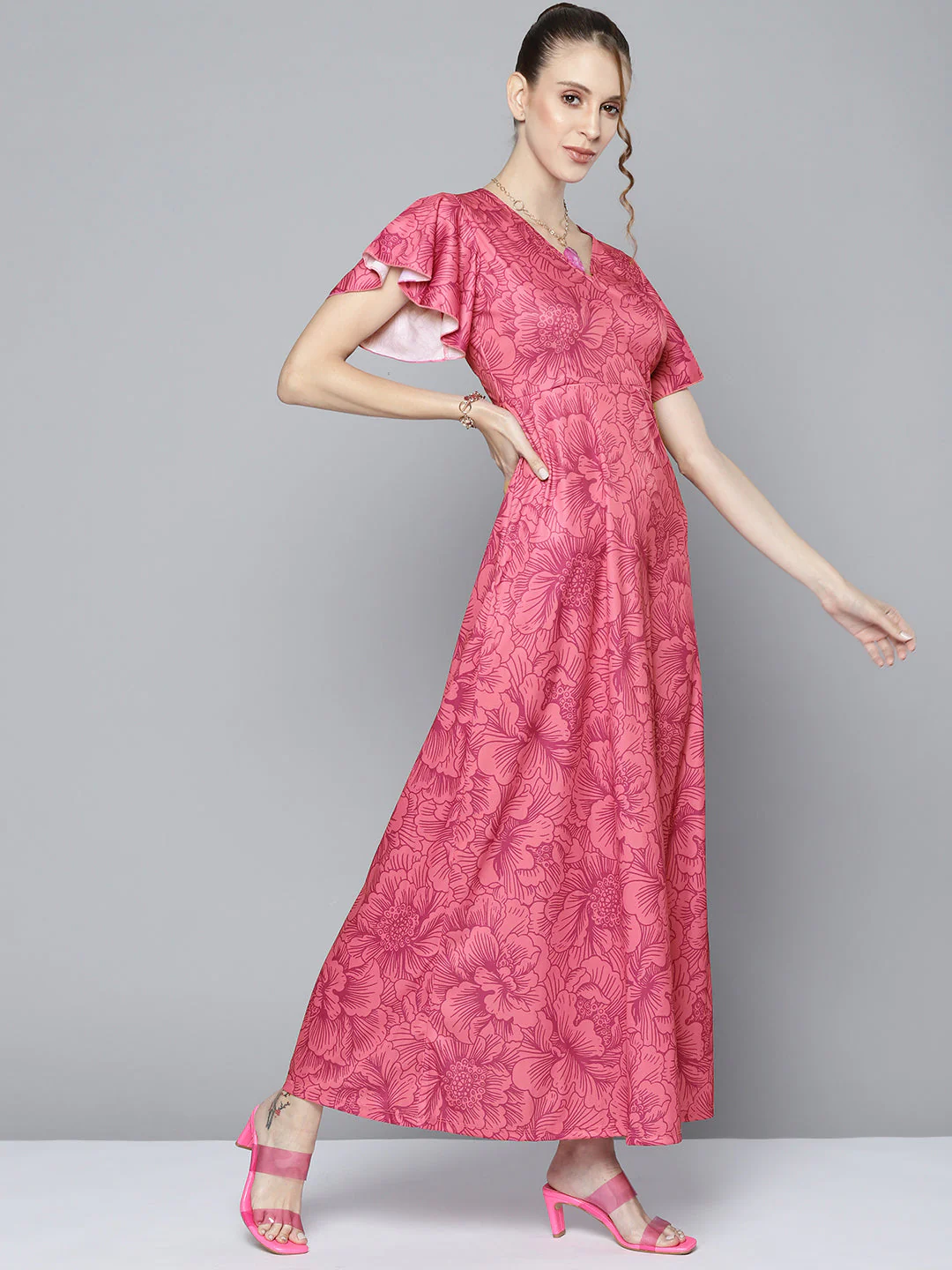 Women Pink Floral Back Cut Out Maxi Dress - Image 3