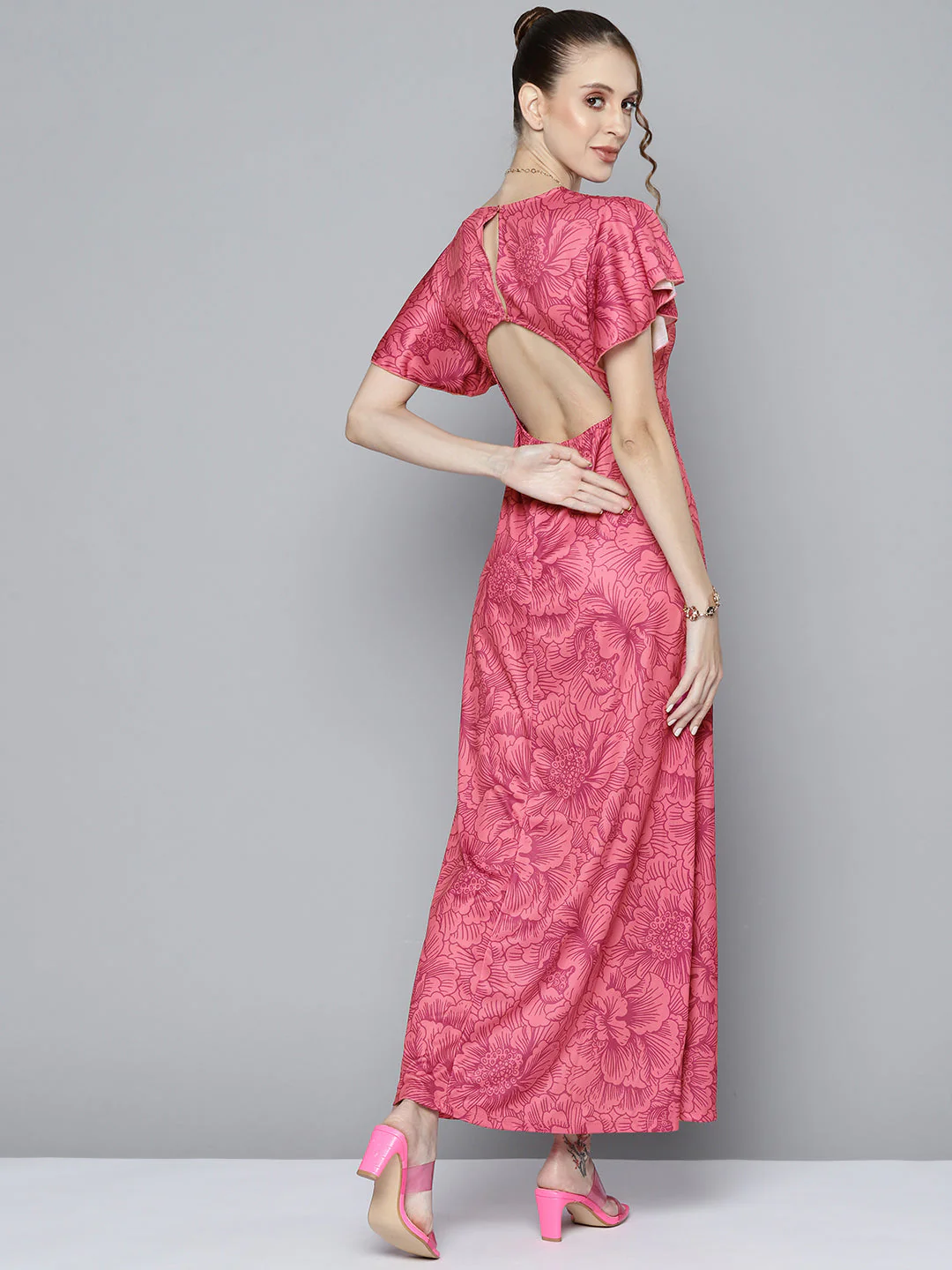 Women Pink Floral Back Cut Out Maxi Dress - Image 4