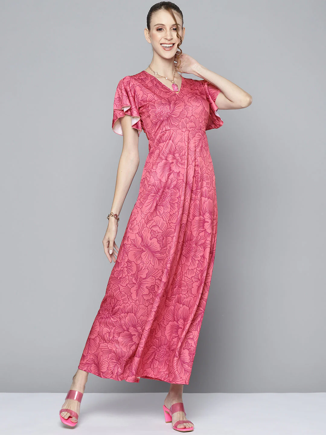 Women Pink Floral Back Cut Out Maxi Dress - Image 5