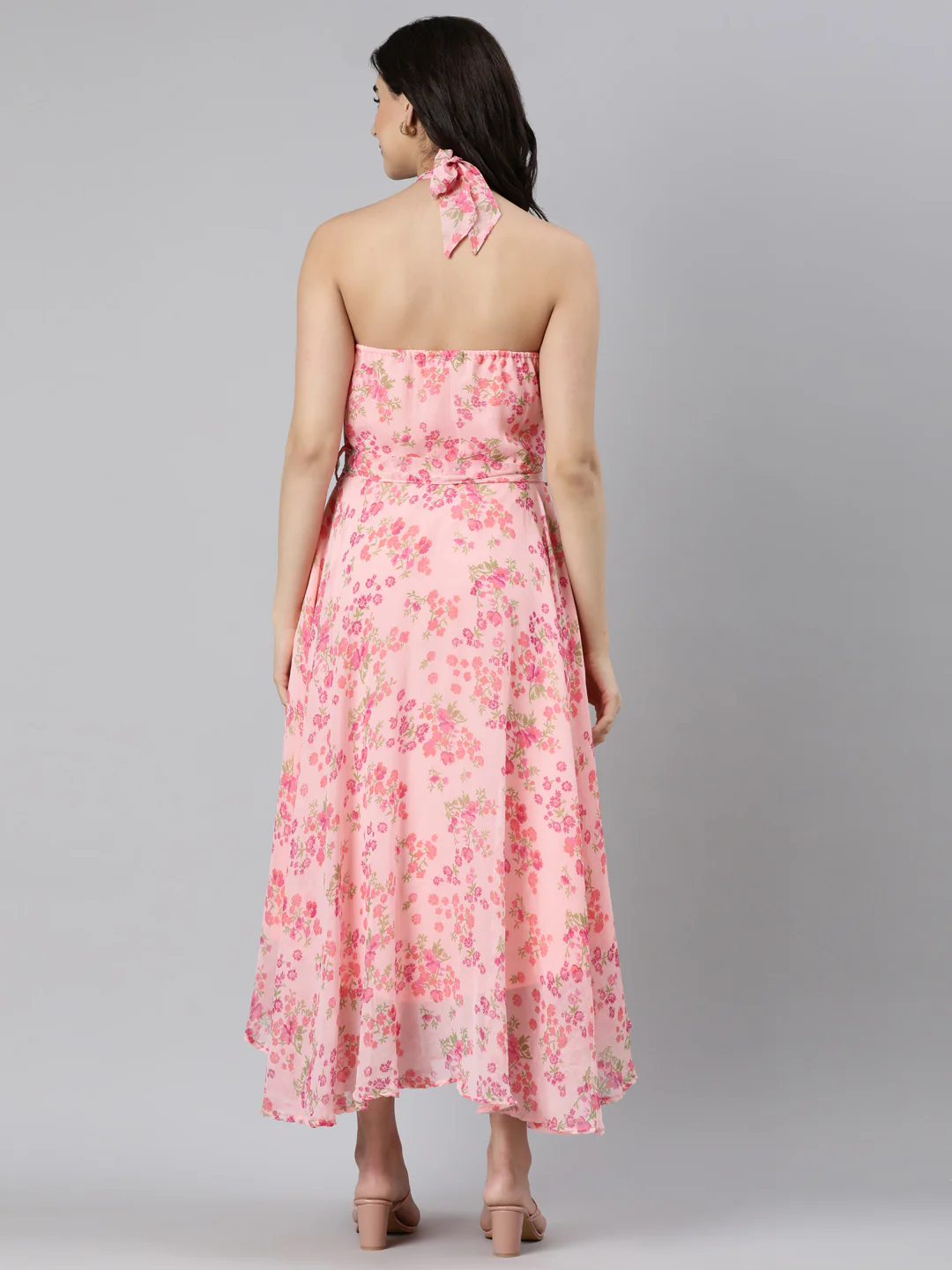 Women Pink Floral Chiffon Dress - Image 2