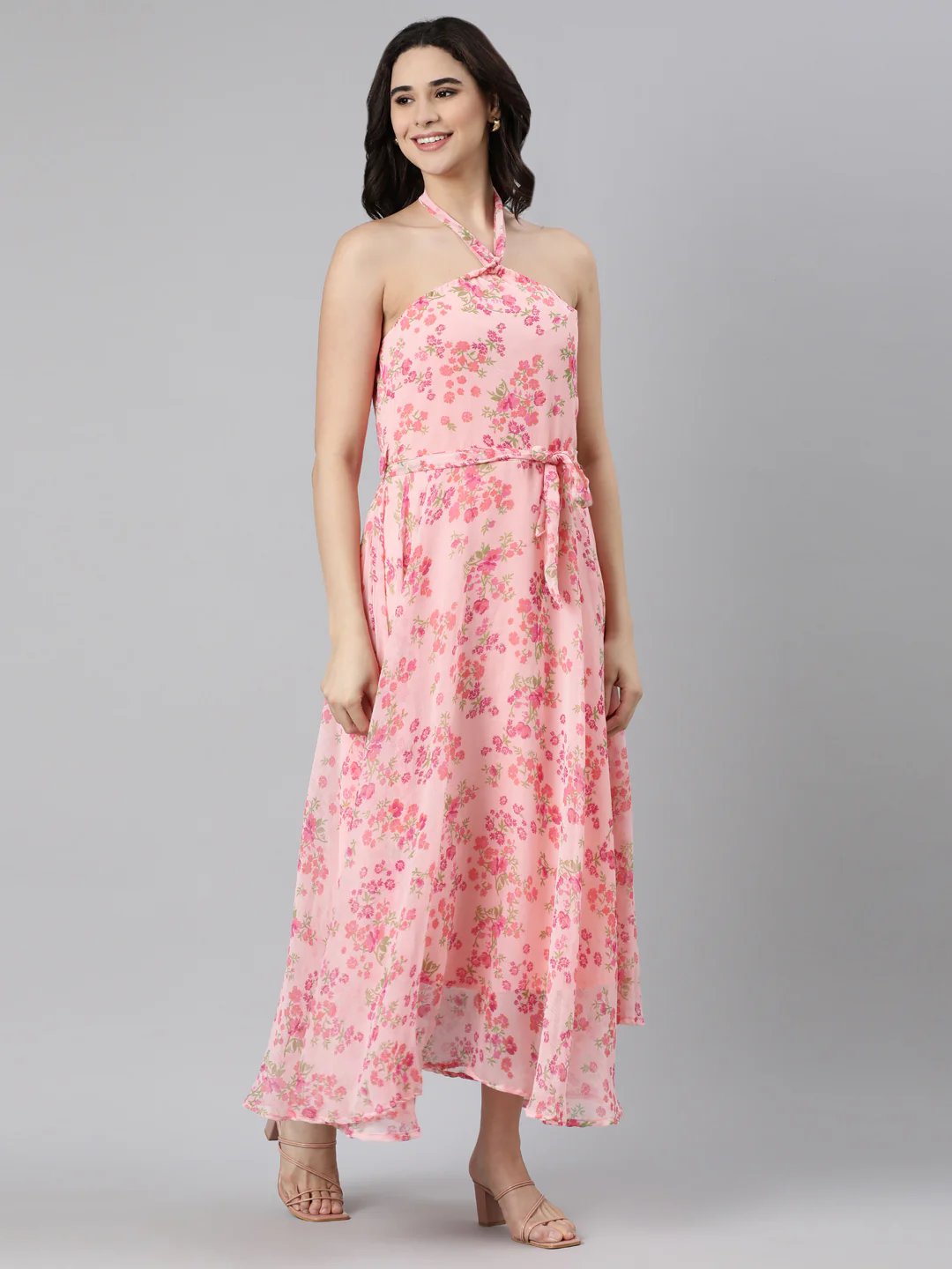 Women Pink Floral Chiffon Dress - Image 3
