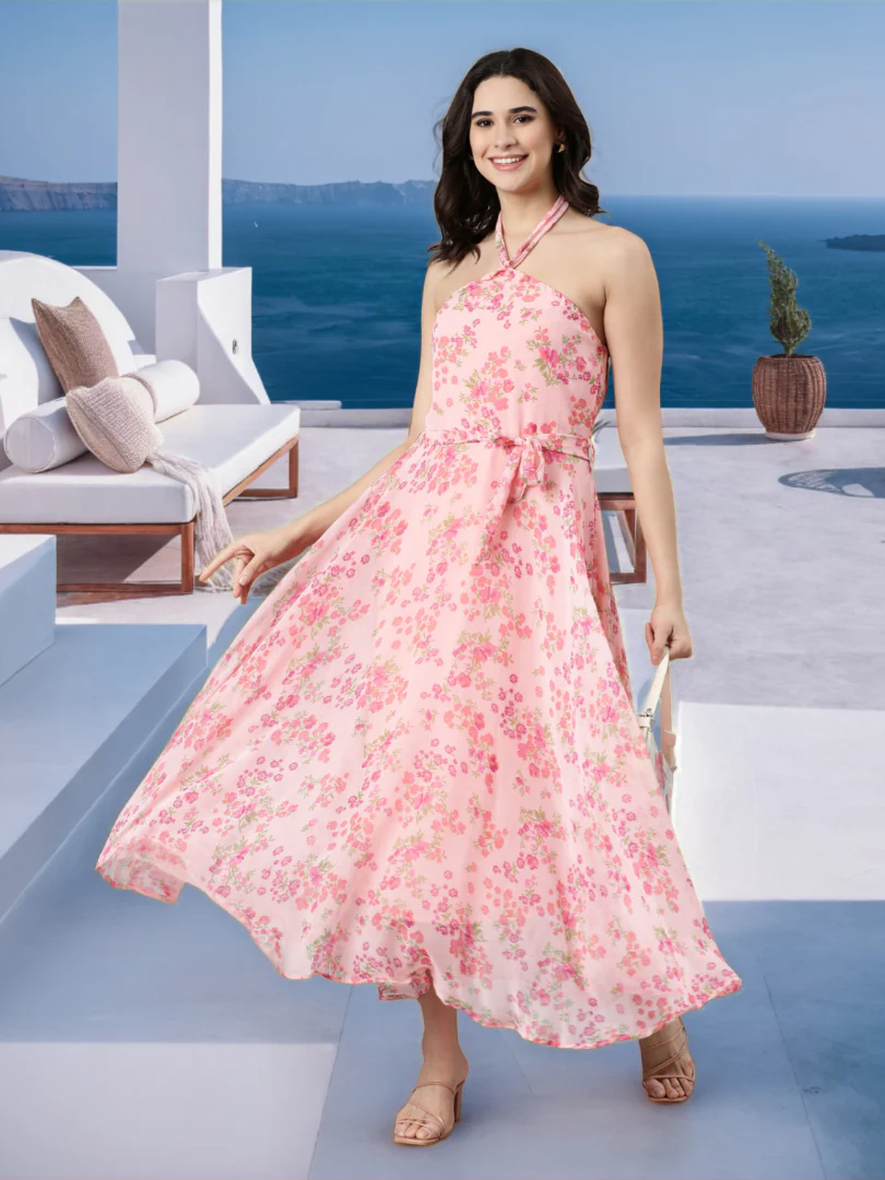 Women Pink Floral Chiffon Dress - Image 8