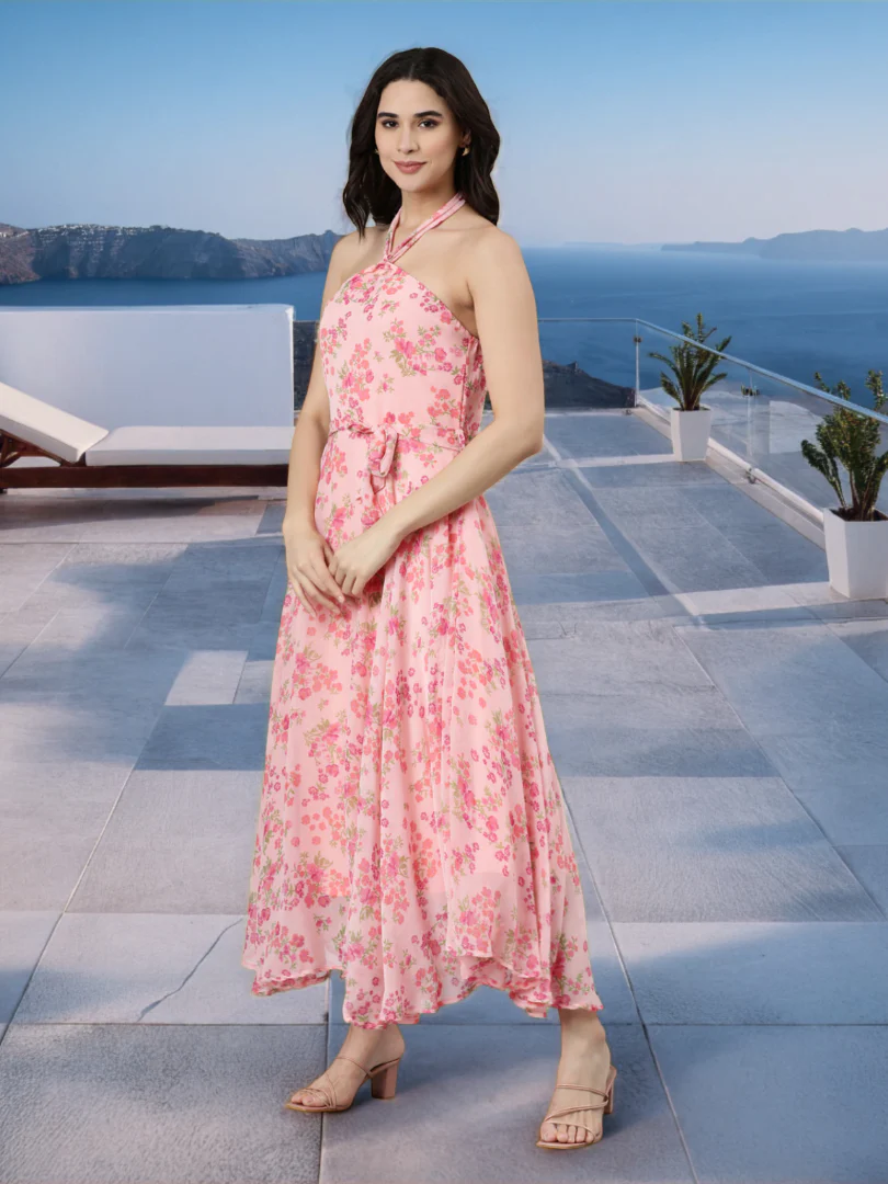 Women Pink Floral Chiffon Dress - Image 9