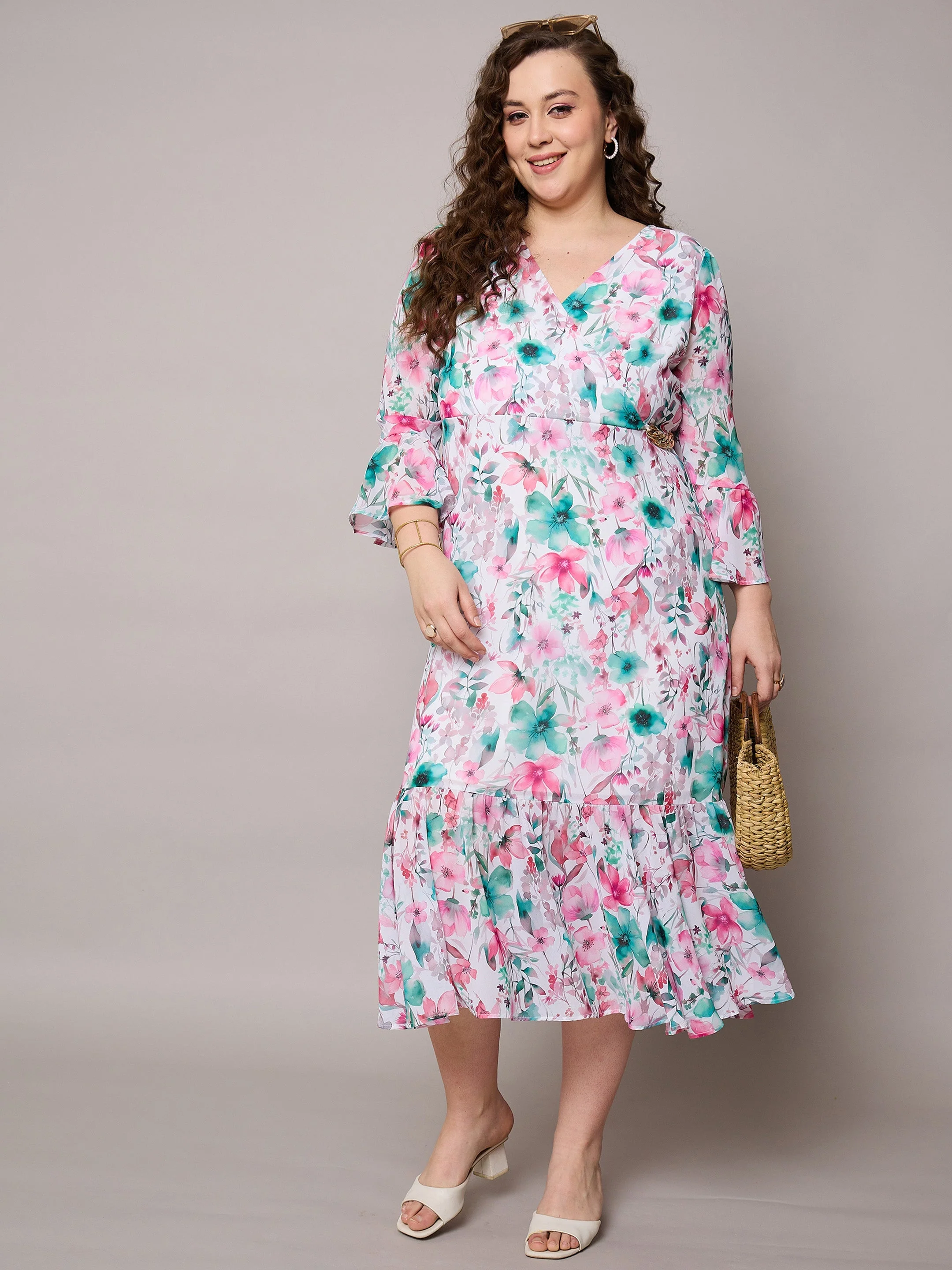 Women Pink Floral Frill Hem Midi Dress - Image 2