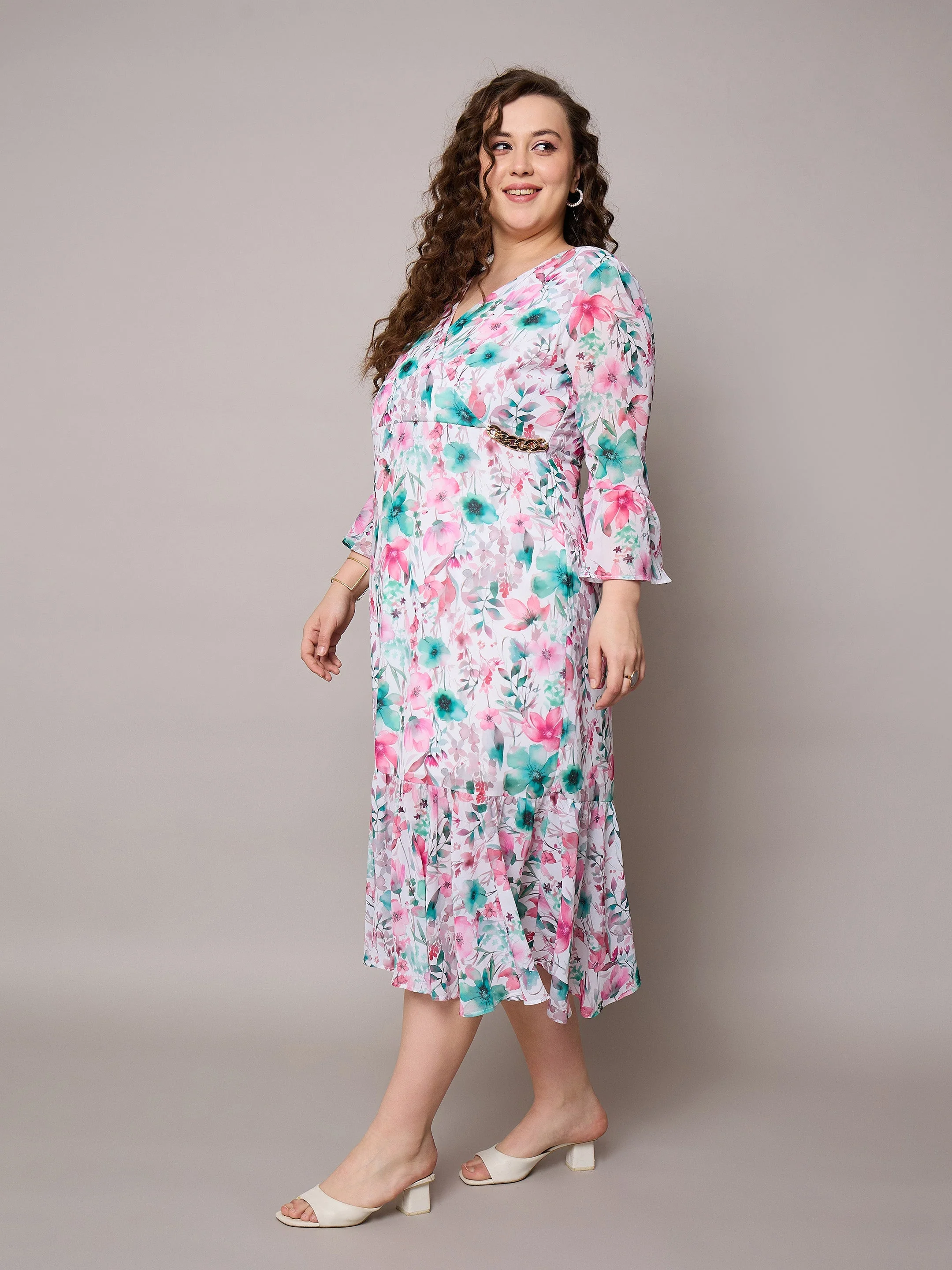 Women Pink Floral Frill Hem Midi Dress - Image 3