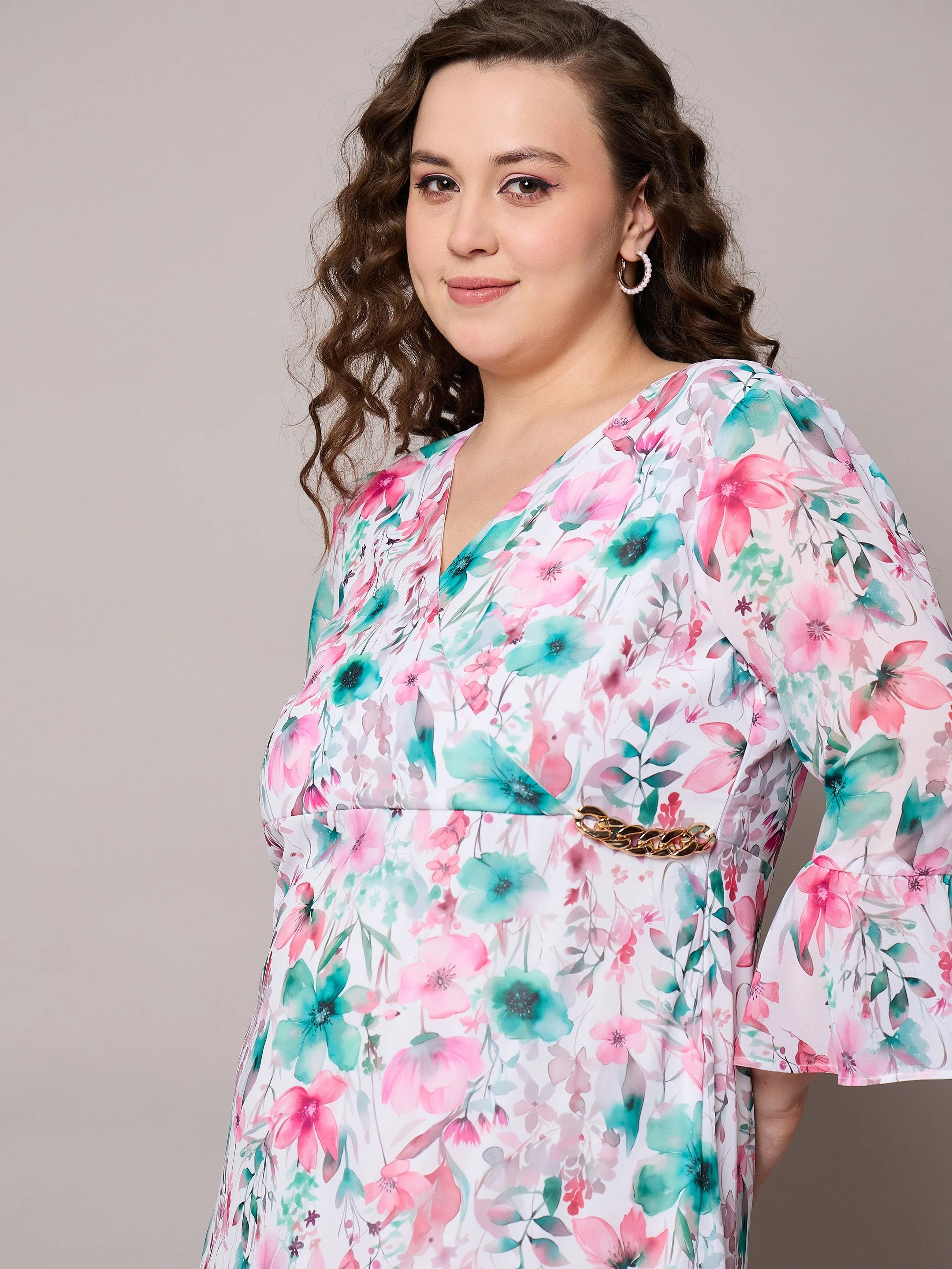 Women Pink Floral Frill Hem Midi Dress - Image 4