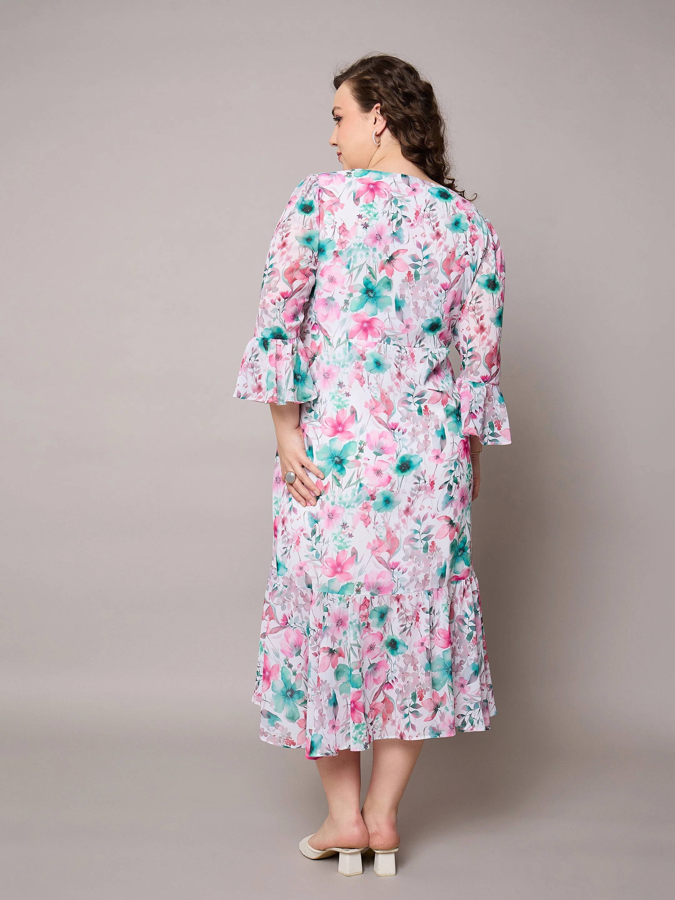 Women Pink Floral Frill Hem Midi Dress - Image 5