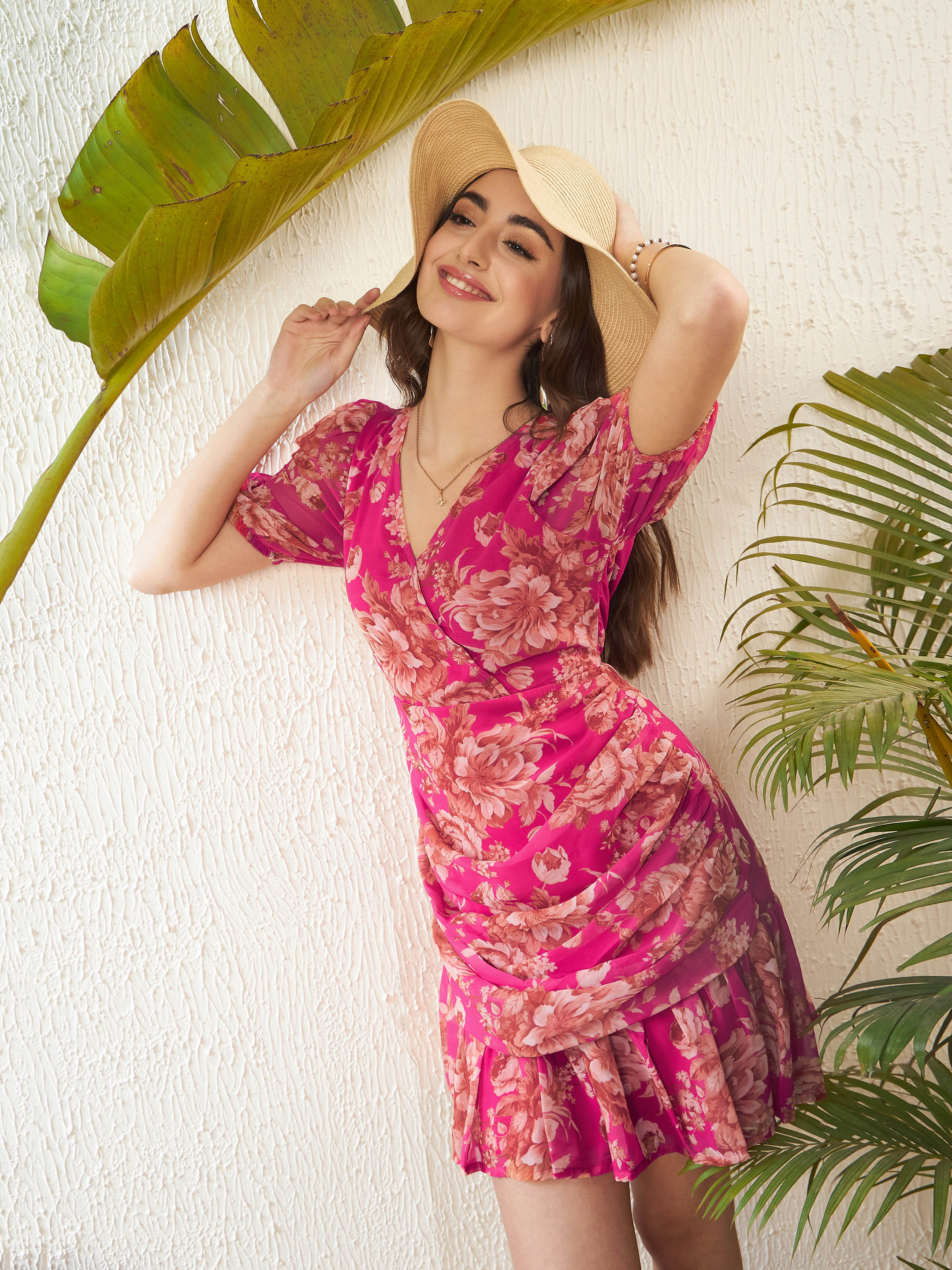 Women Pink Floral Frill Hem Ruched Mini Dress - Image 2