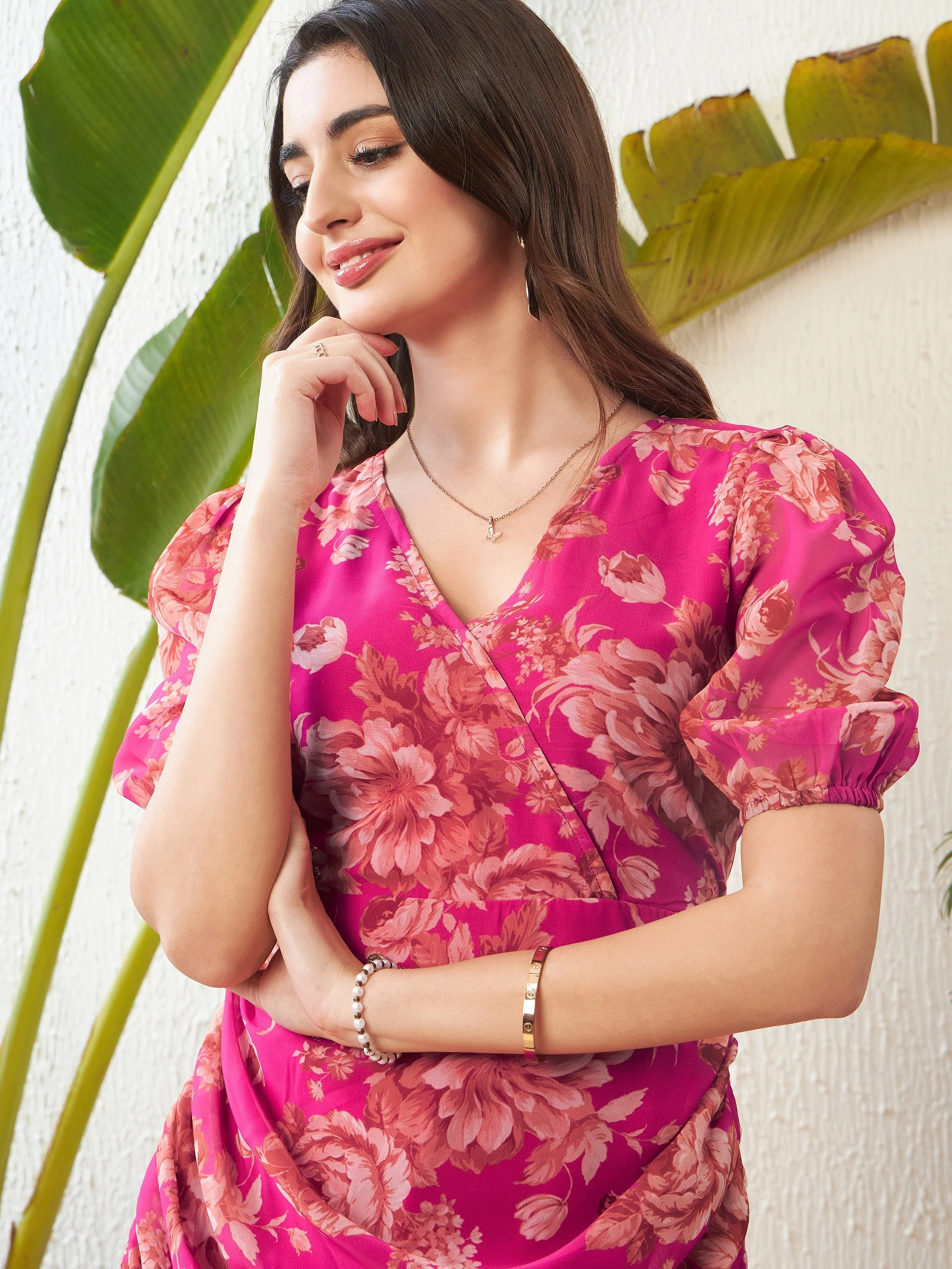 Women Pink Floral Frill Hem Ruched Mini Dress - Image 5