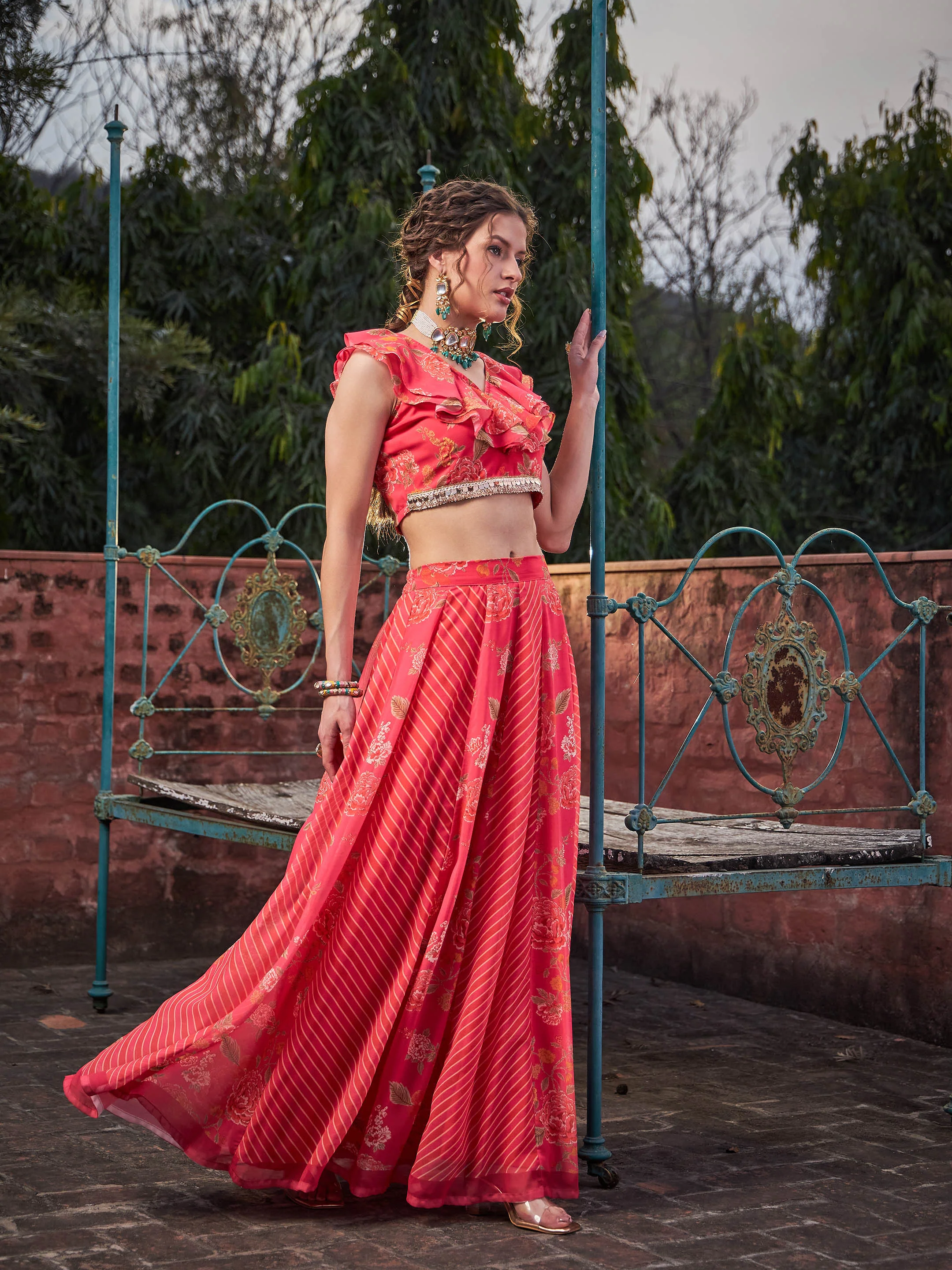 Women Pink Floral Frill Neck Crop Top With Anarkali Skirt - Image 3