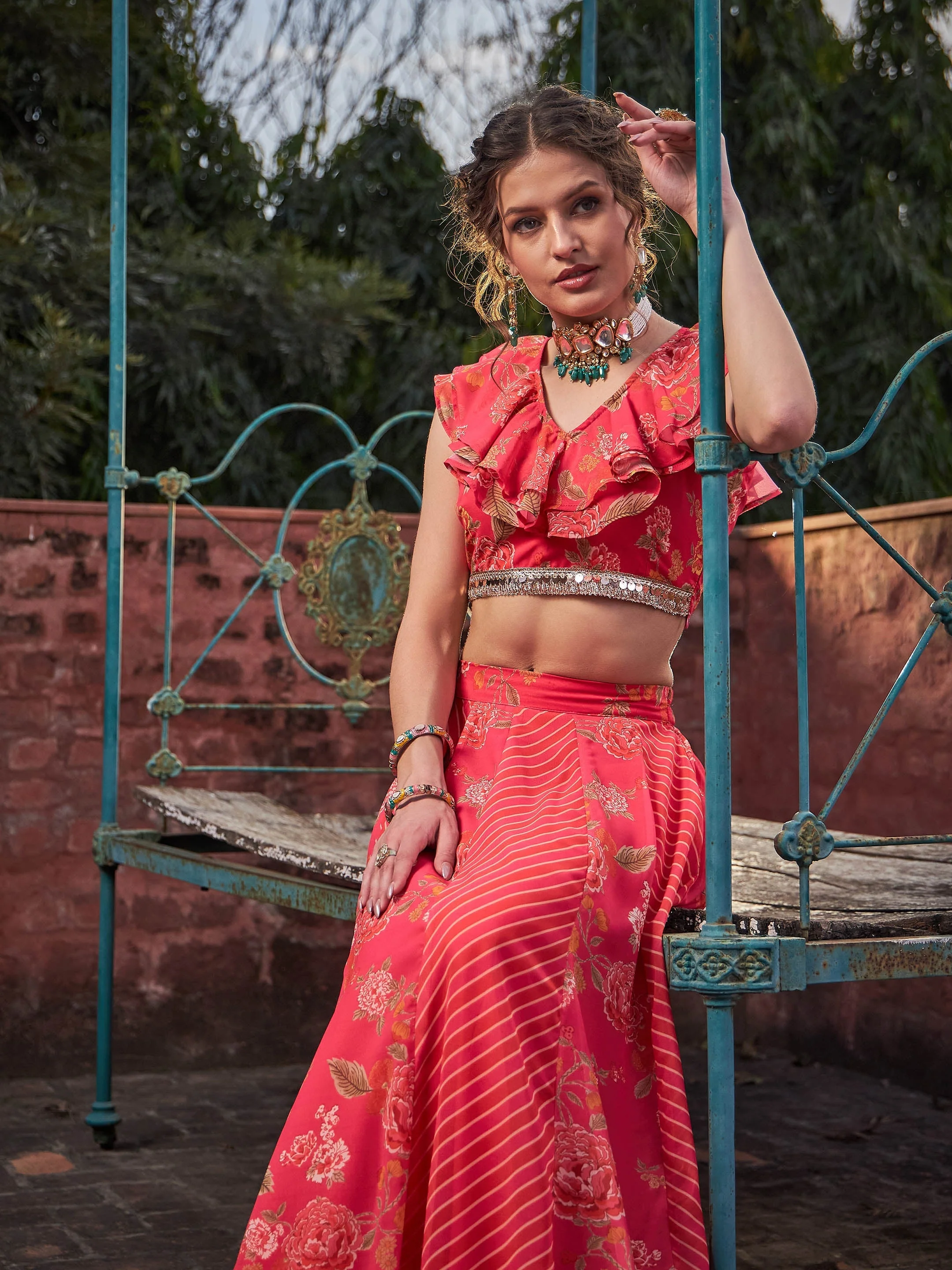 Women Pink Floral Frill Neck Crop Top With Anarkali Skirt - Image 4