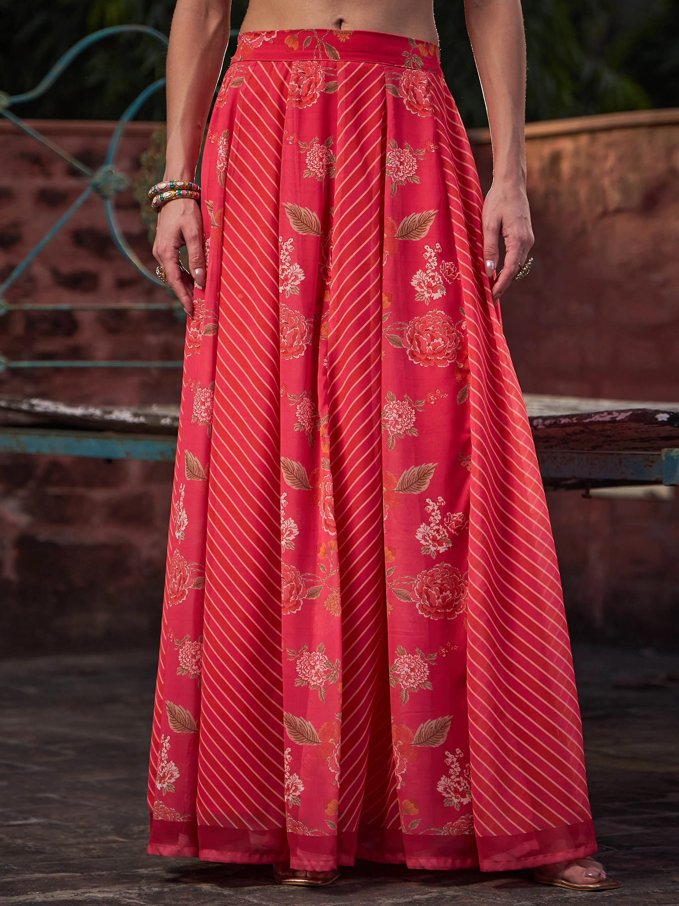 Women Pink Floral Frill Neck Crop Top With Anarkali Skirt - Image 5