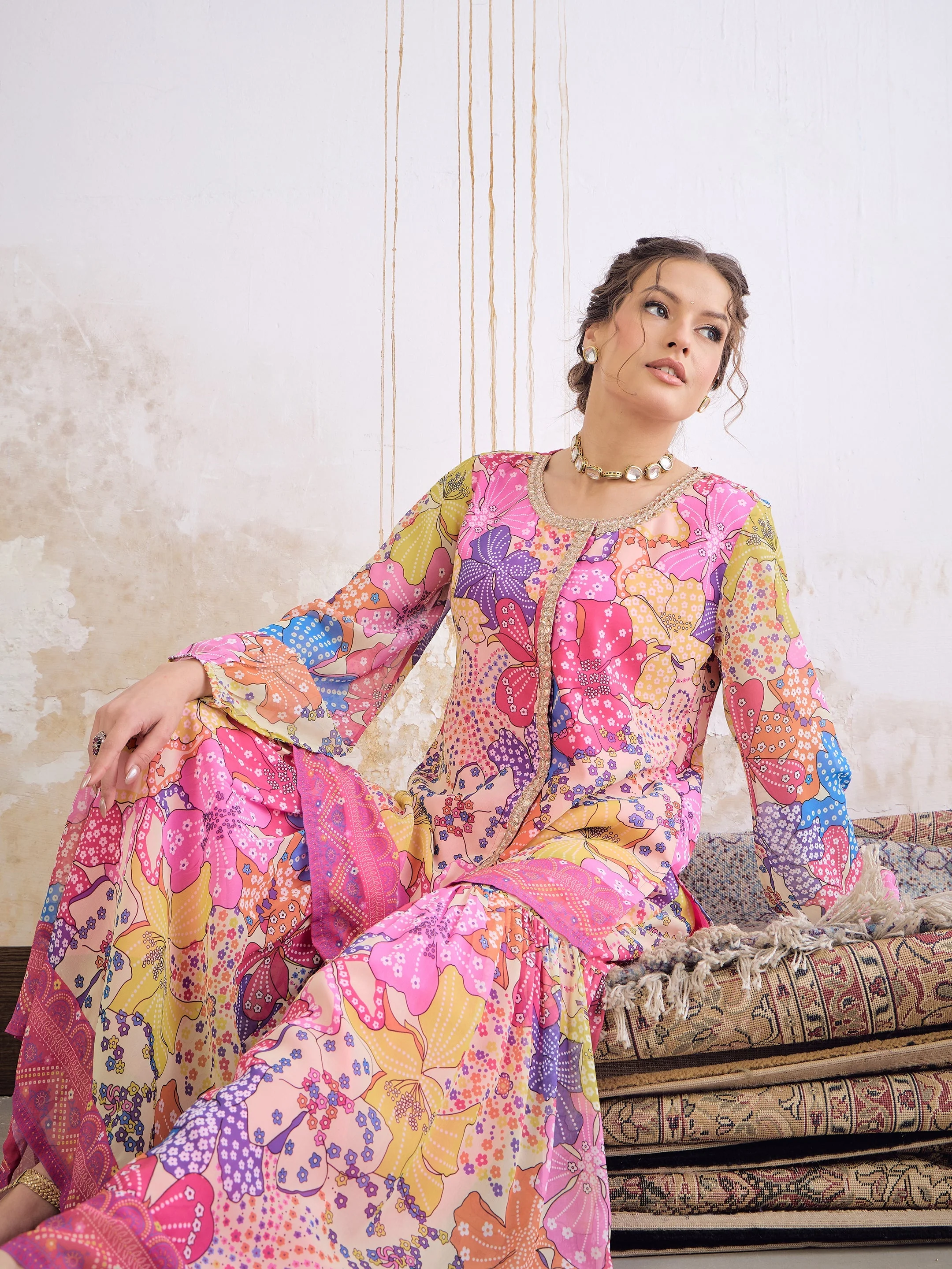 Women Pink Floral Front Placket Top With Sharara Pants - Image 2