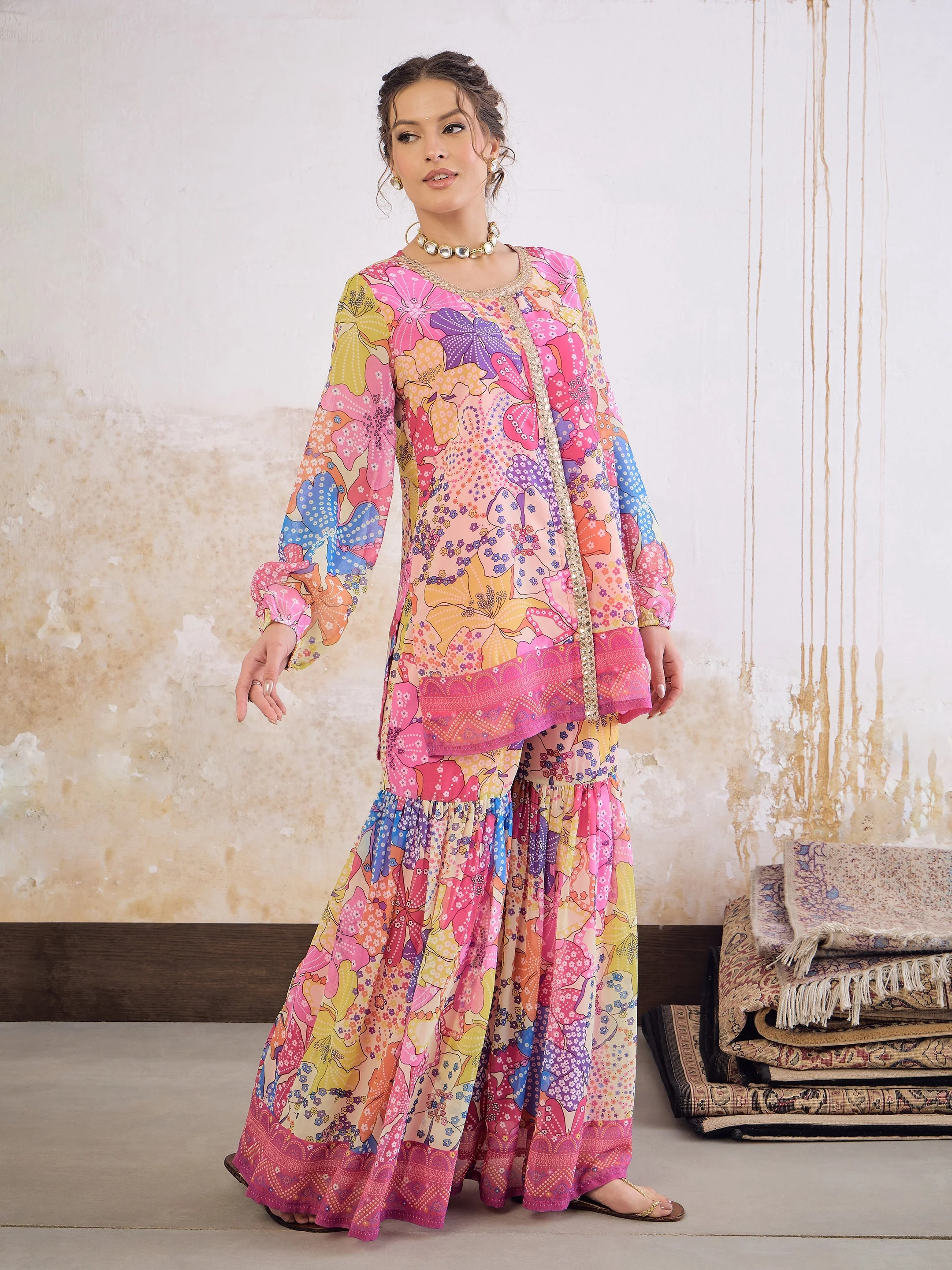 Women Pink Floral Front Placket Top With Sharara Pants - Image 3