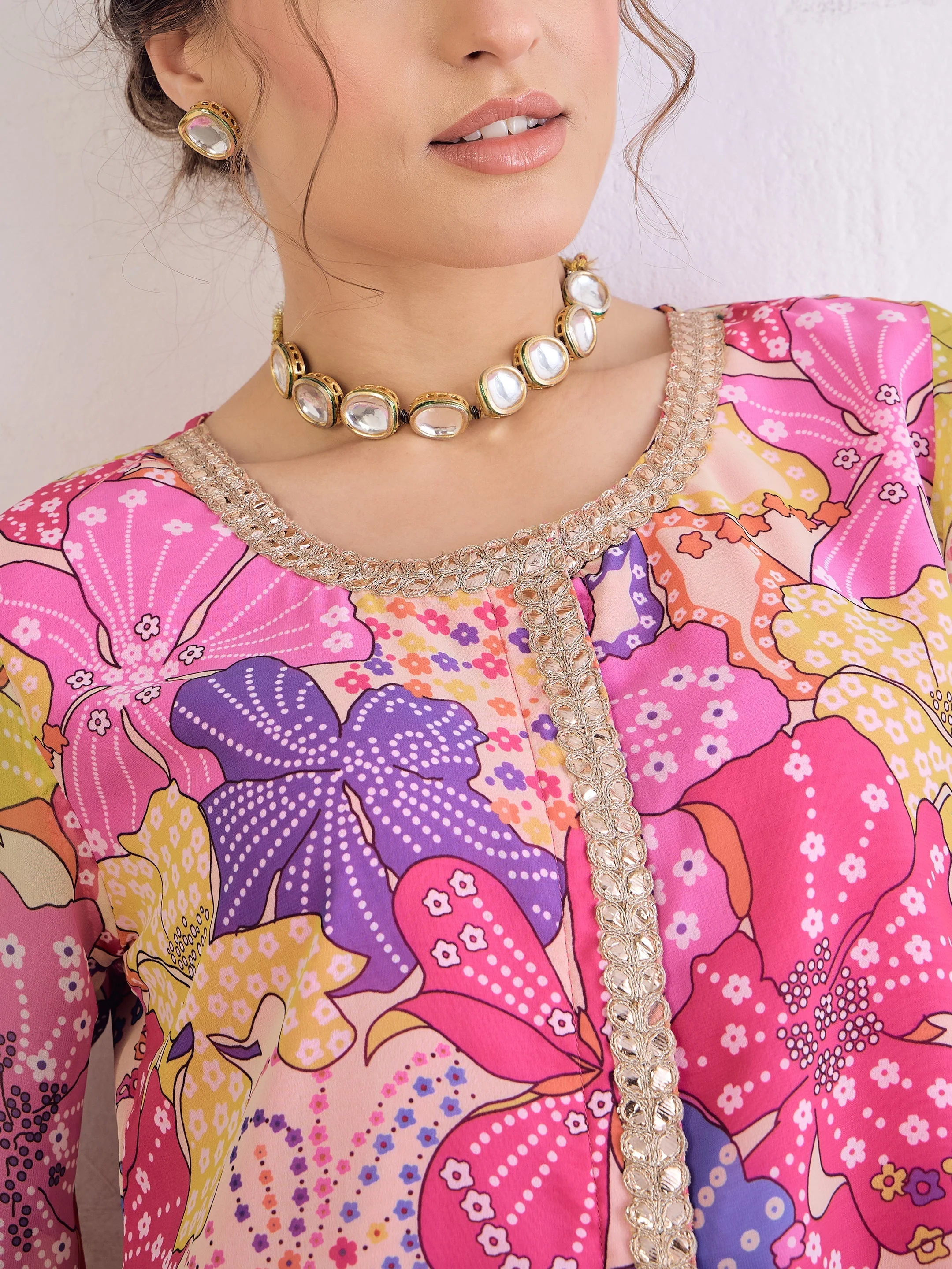 Women Pink Floral Front Placket Top With Sharara Pants - Image 4