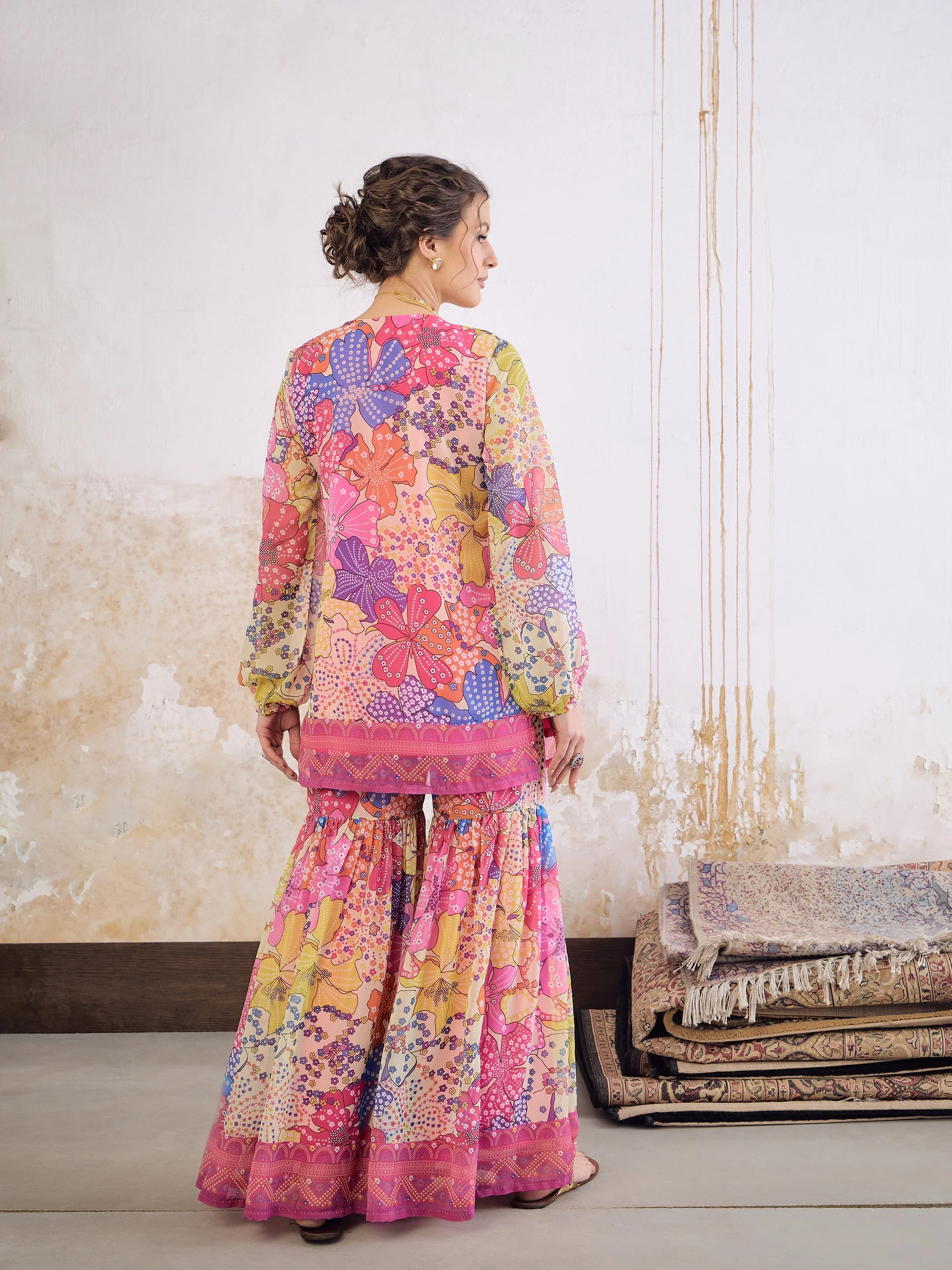 Women Pink Floral Front Placket Top With Sharara Pants - Image 5