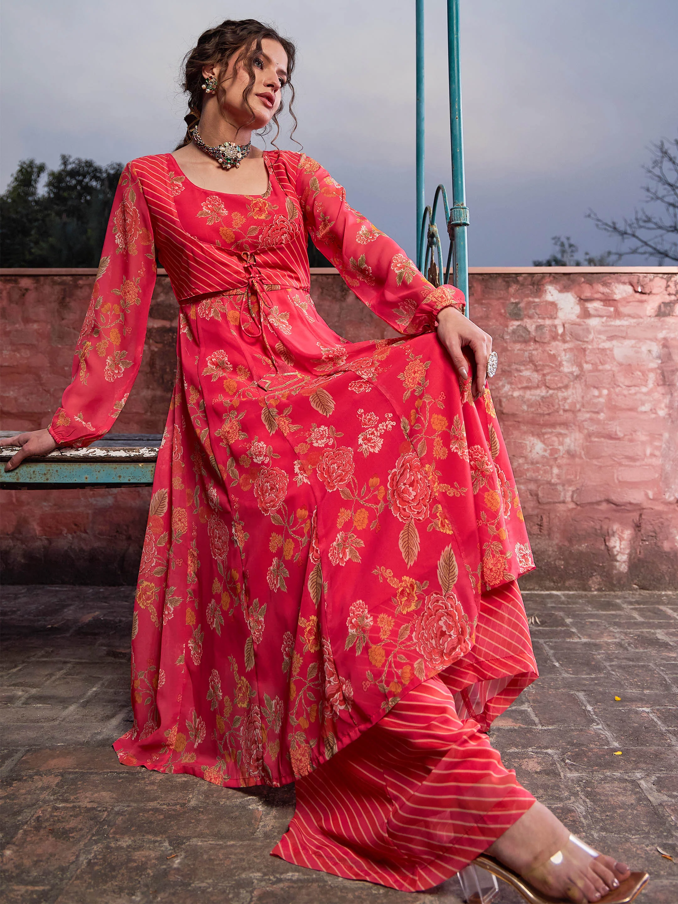 Women Pink Floral Front Yoke Anarkali Kurta With Palazzo Pants - Image 2