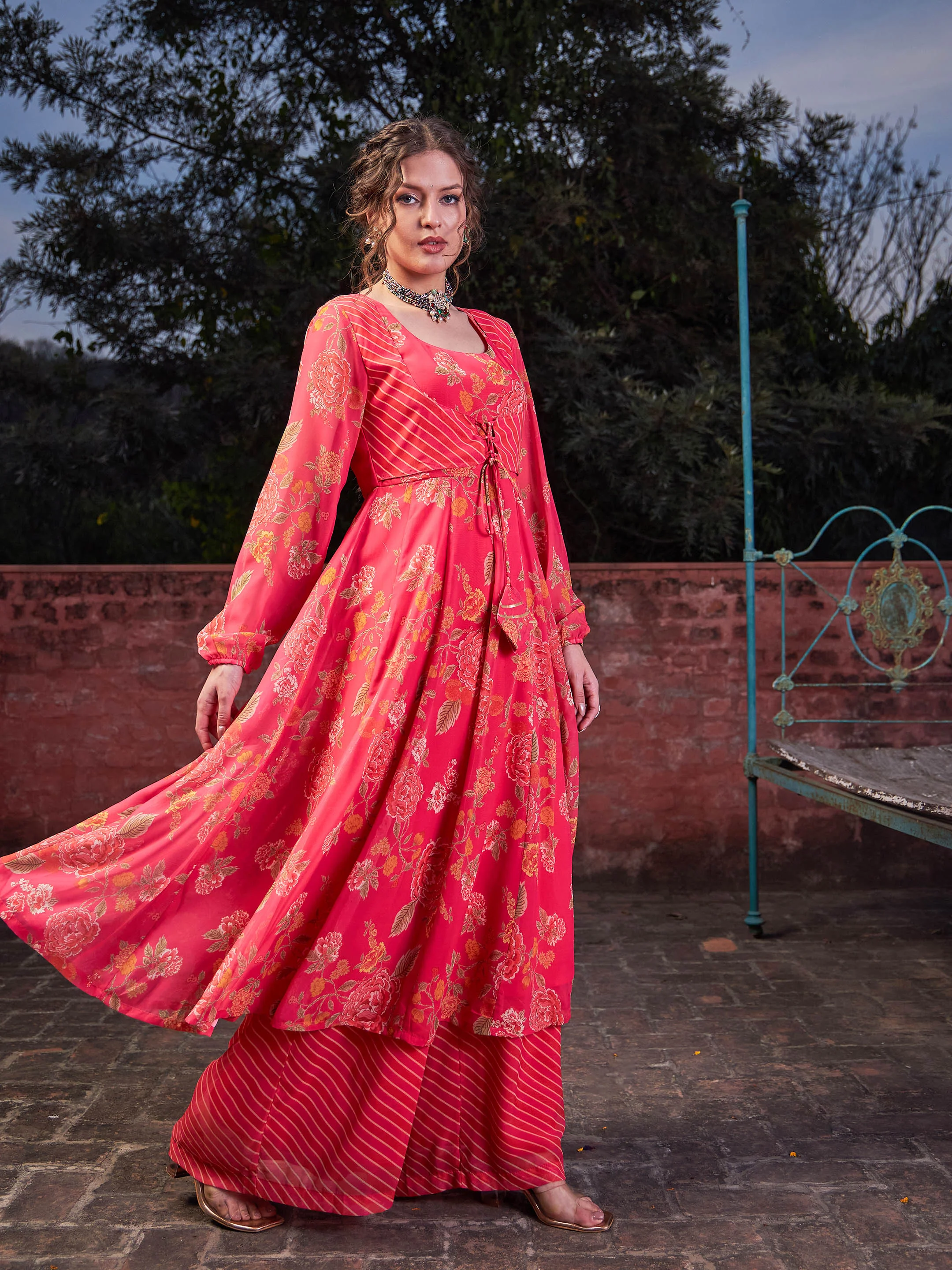 Women Pink Floral Front Yoke Anarkali Kurta With Palazzo Pants - Image 3