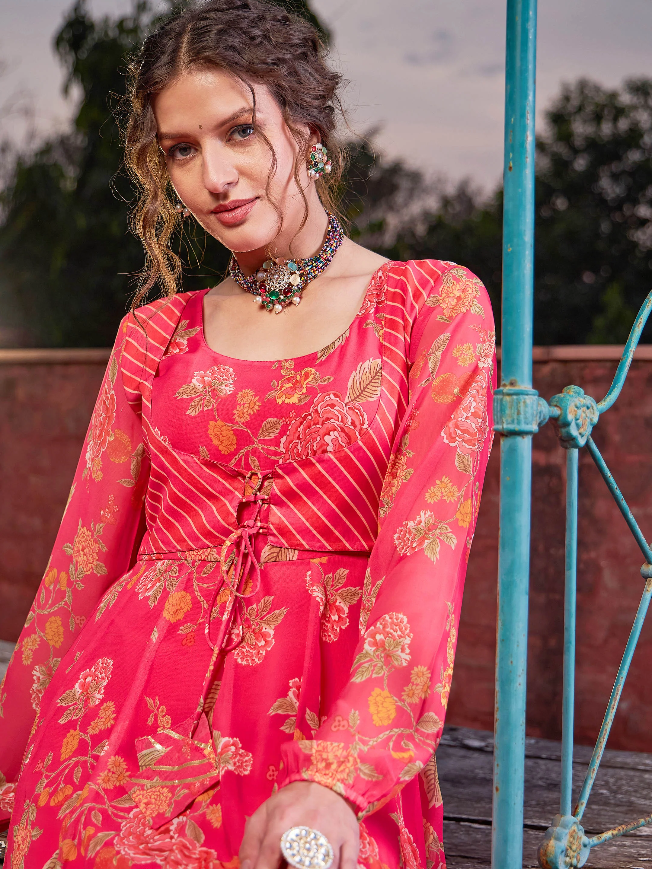 Women Pink Floral Front Yoke Anarkali Kurta With Palazzo Pants - Image 4
