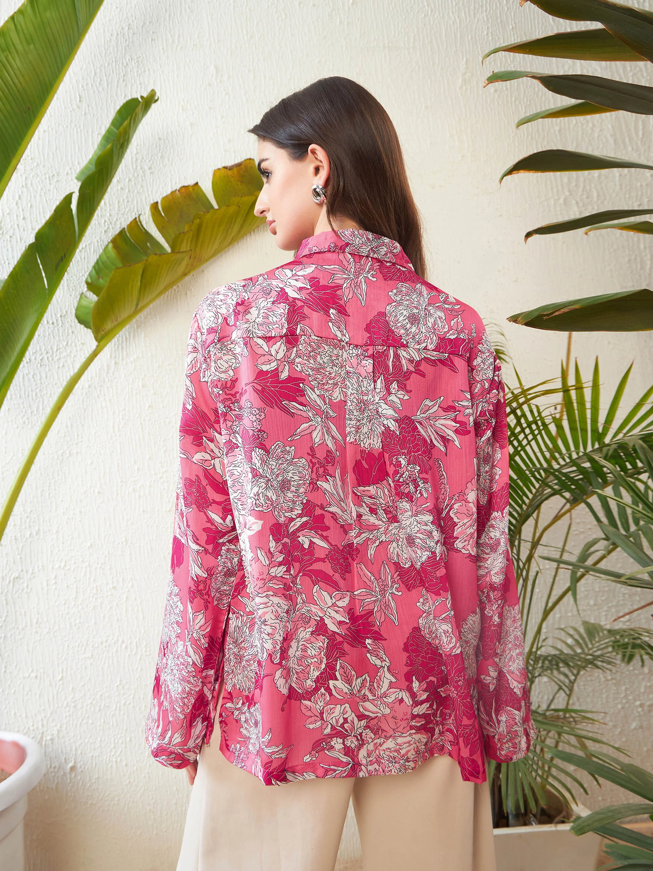 Women Pink Floral Oversized Shirt - Image 2