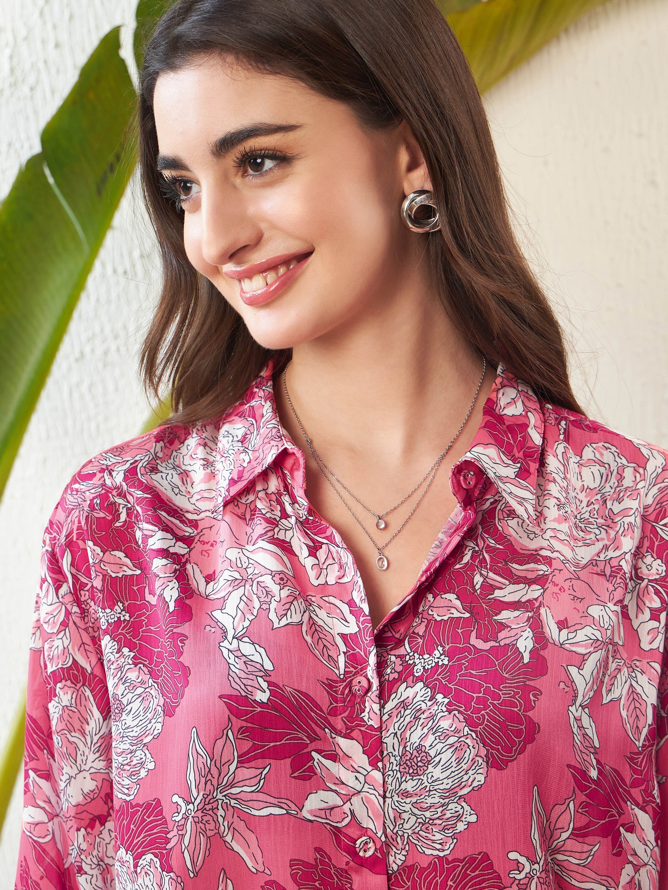 Women Pink Floral Oversized Shirt - Image 3