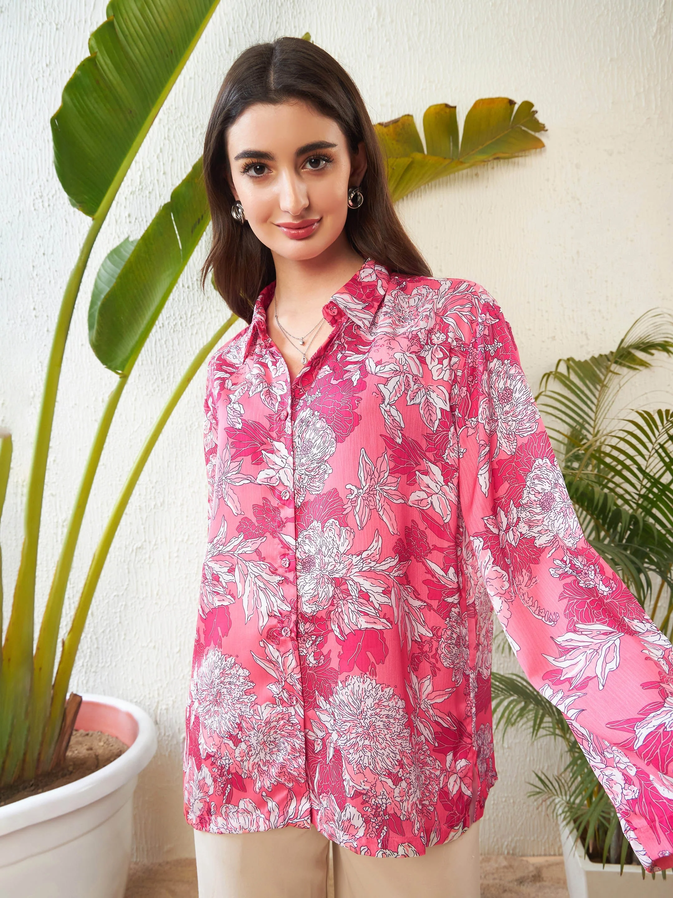 Women Pink Floral Oversized Shirt - Image 4